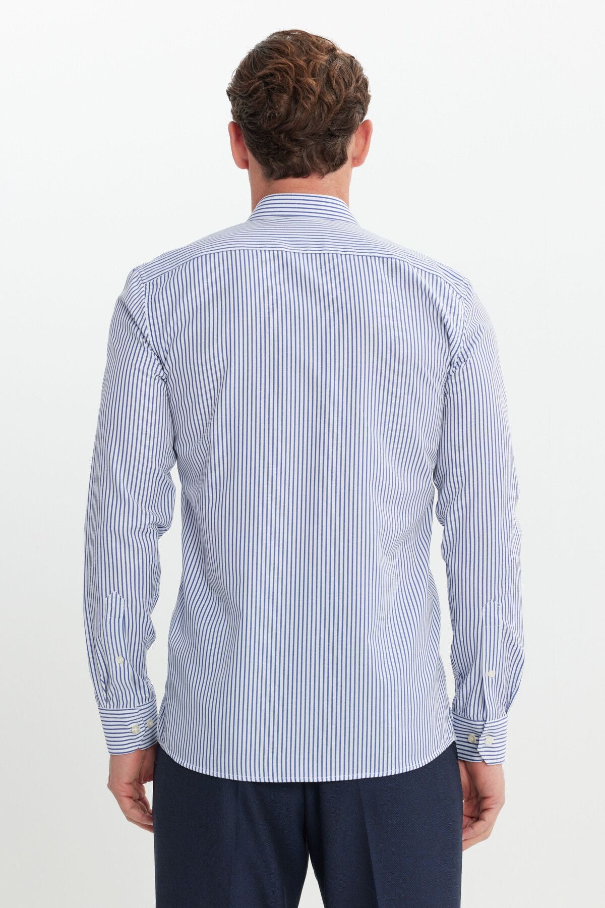 Men's white-blue cotton slim fit narrow cut button shirt shirt with shirt striped shirt