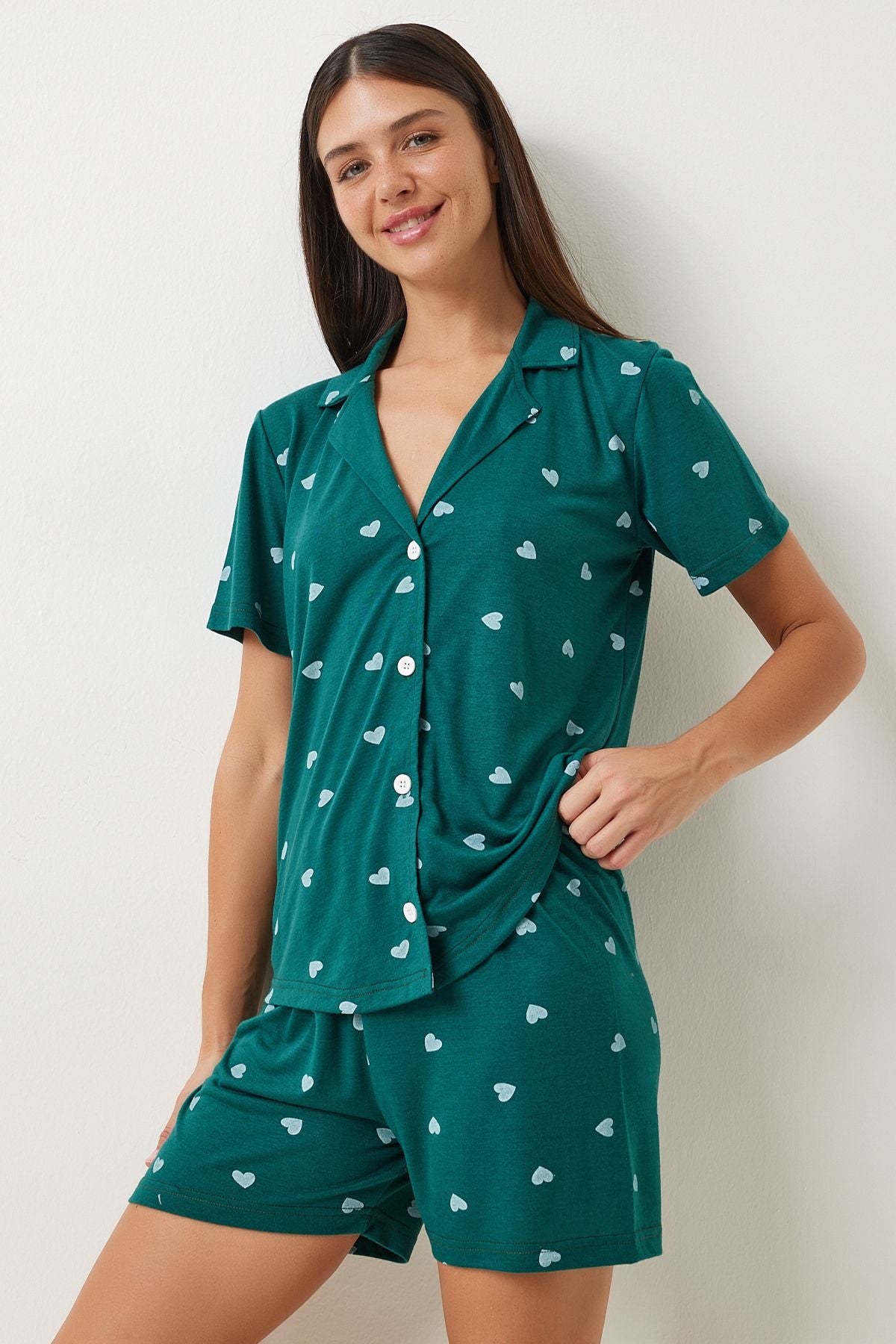 Female Dark Green Heart Viscose Shirt Shirt Pajama Set EC00035