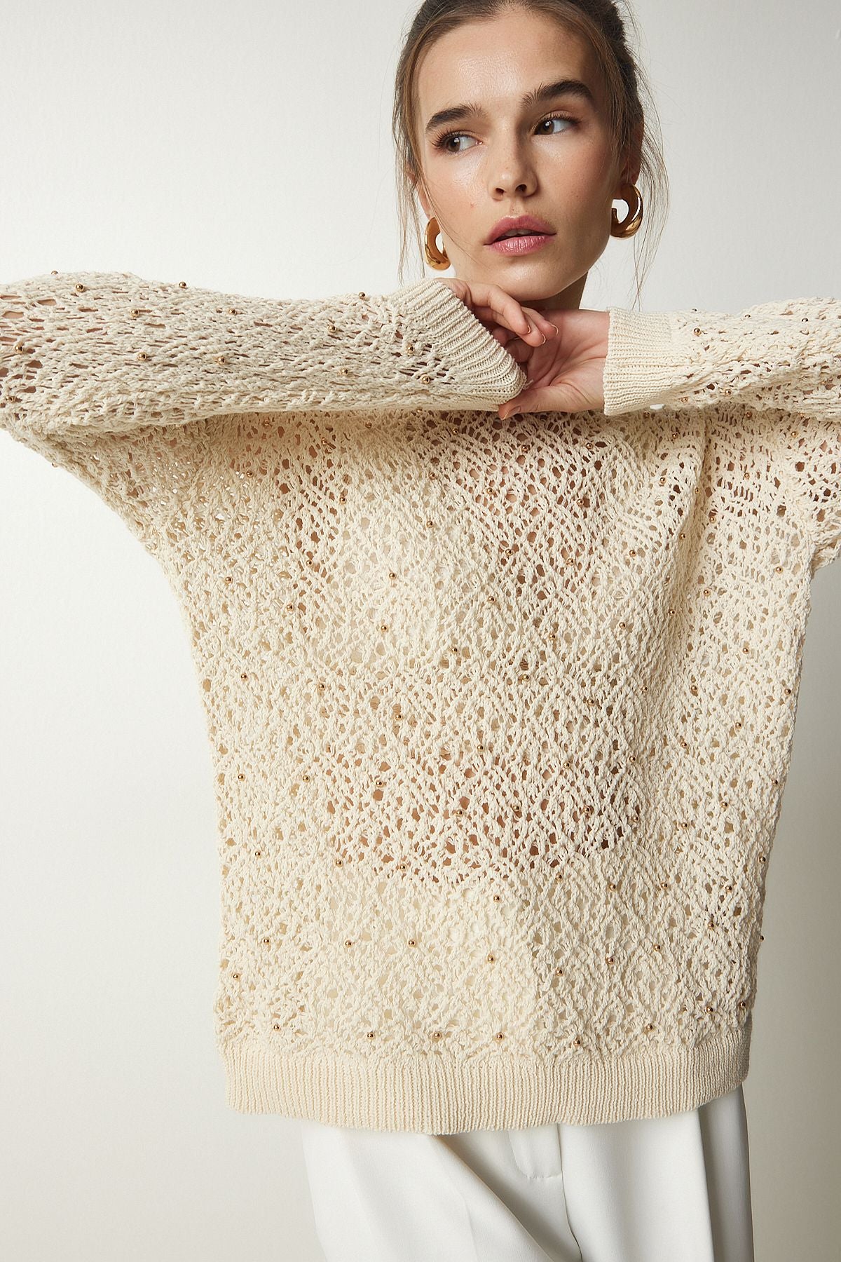 Women's Cream Stylish Pearl Detailed Offer Knitwear Sweater PF00025