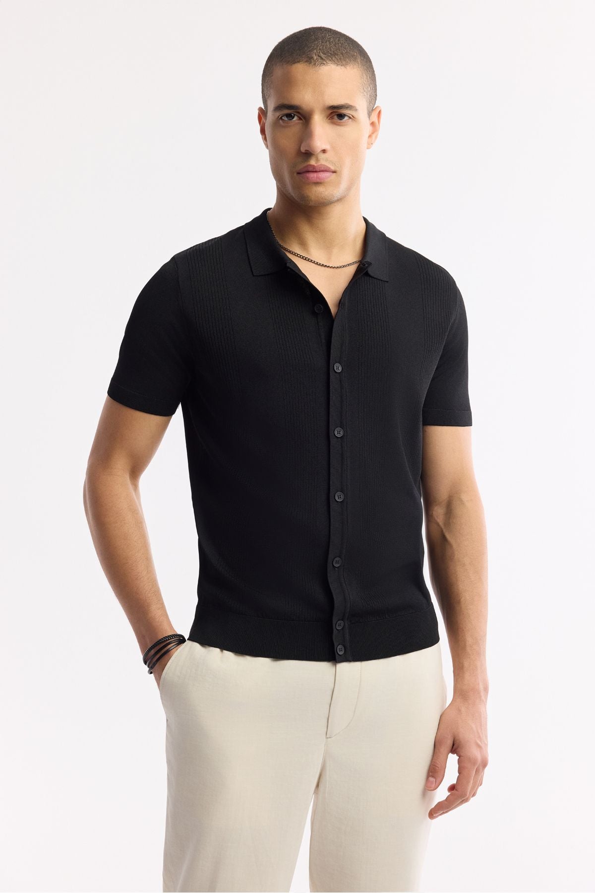 Men's black polo collar front buttoned wick knit patterned rayon knitwear T-shirt A51y5001