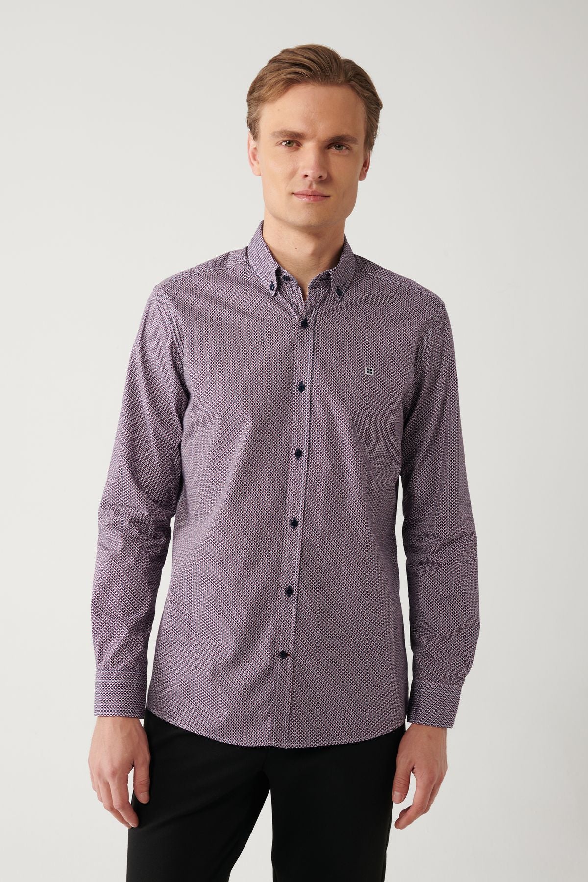Men's Bordeaux 100 %Cotton button collar 100 %cotton patterned shirt A32Y2179