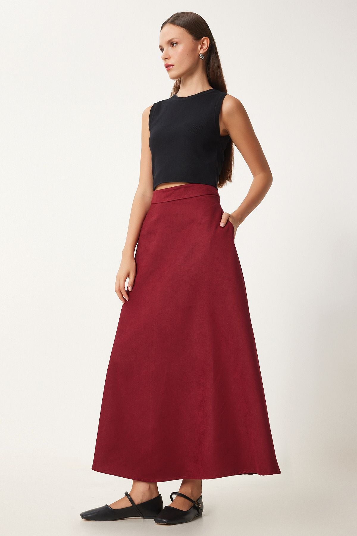 Female Bordeaux Pocket Jacquard Süet Kloş Skirt RG00045