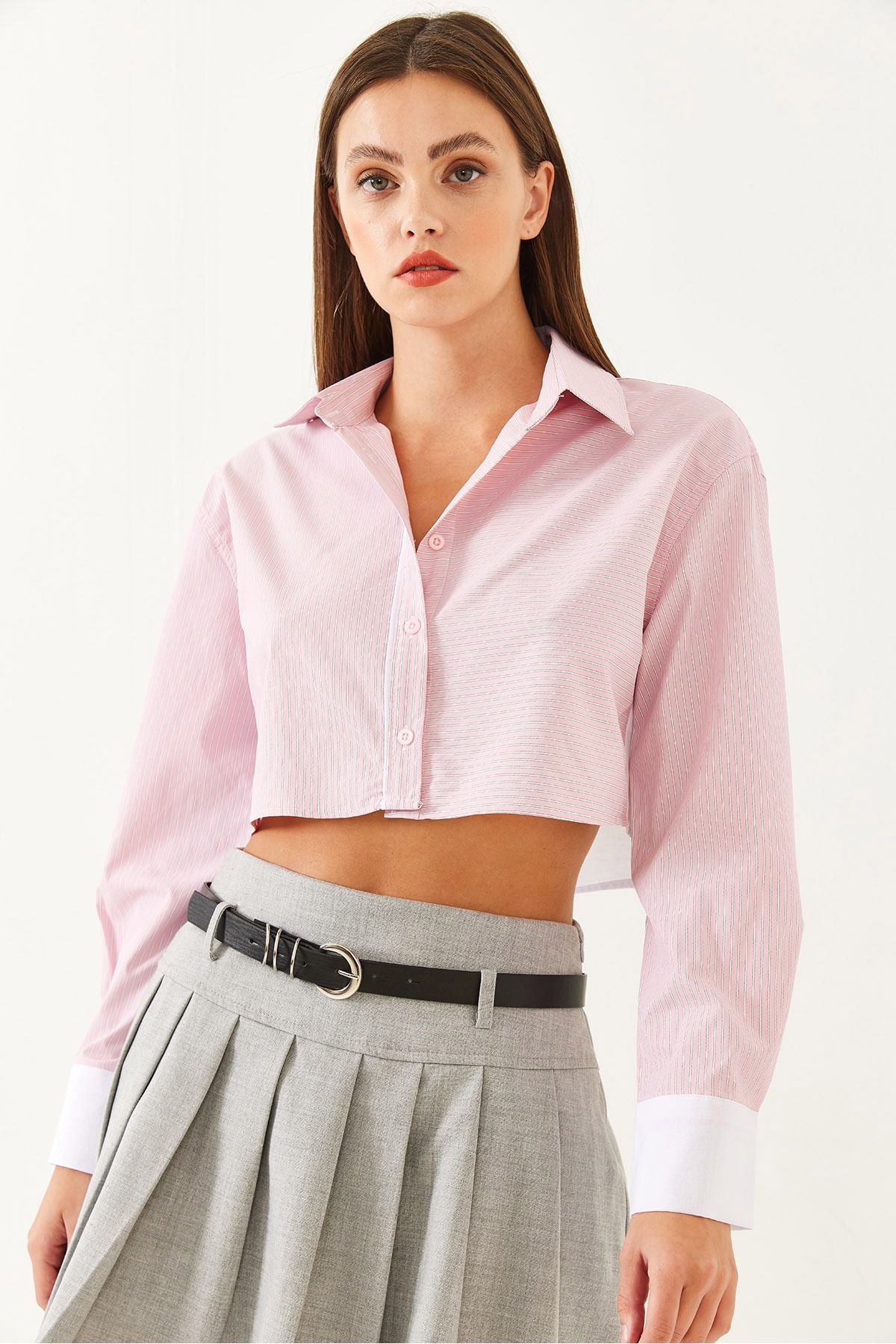 Female asymmetric striped headline detailed crop shirt 4451 60251915