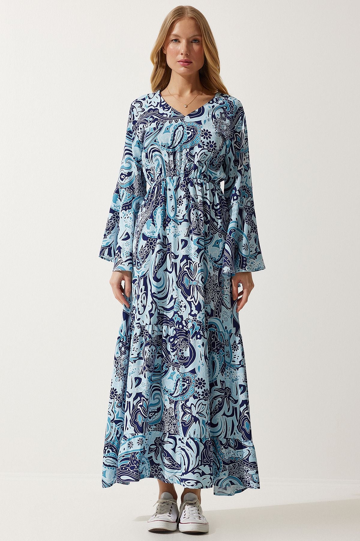Women's Sky Blue Patterned Summer Visose Dress DD01303