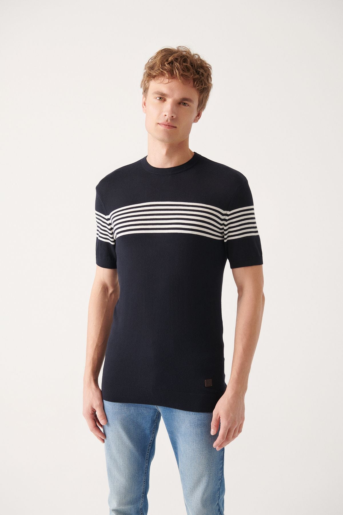 Men's navy blue bike collar breast and arm line detailed knitwear T-shirt A31y5116