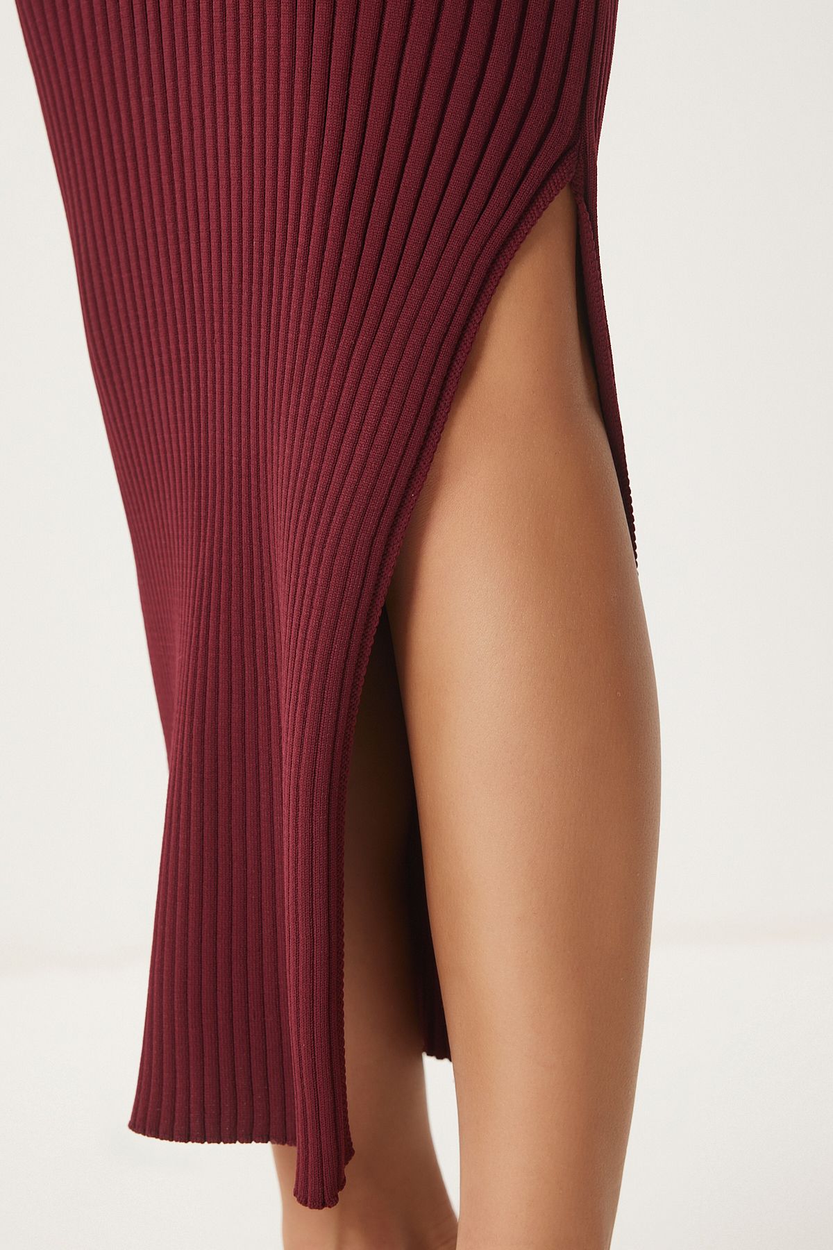 Woman Burgundy Shoulders Open Wrapped Red Triko Dress FN03424