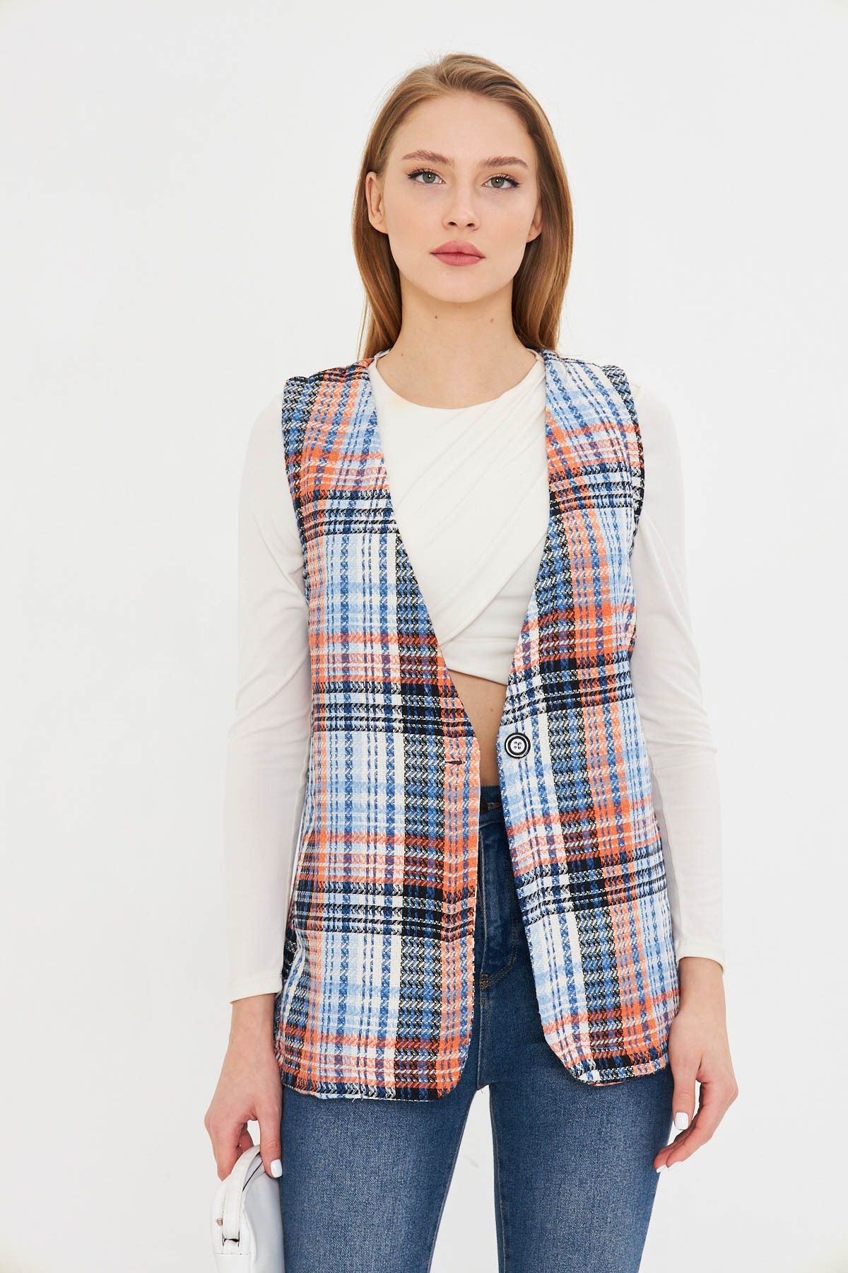 Woman Orange V-Neck Single Buttoned Oversiz vest with ARM-25K001111