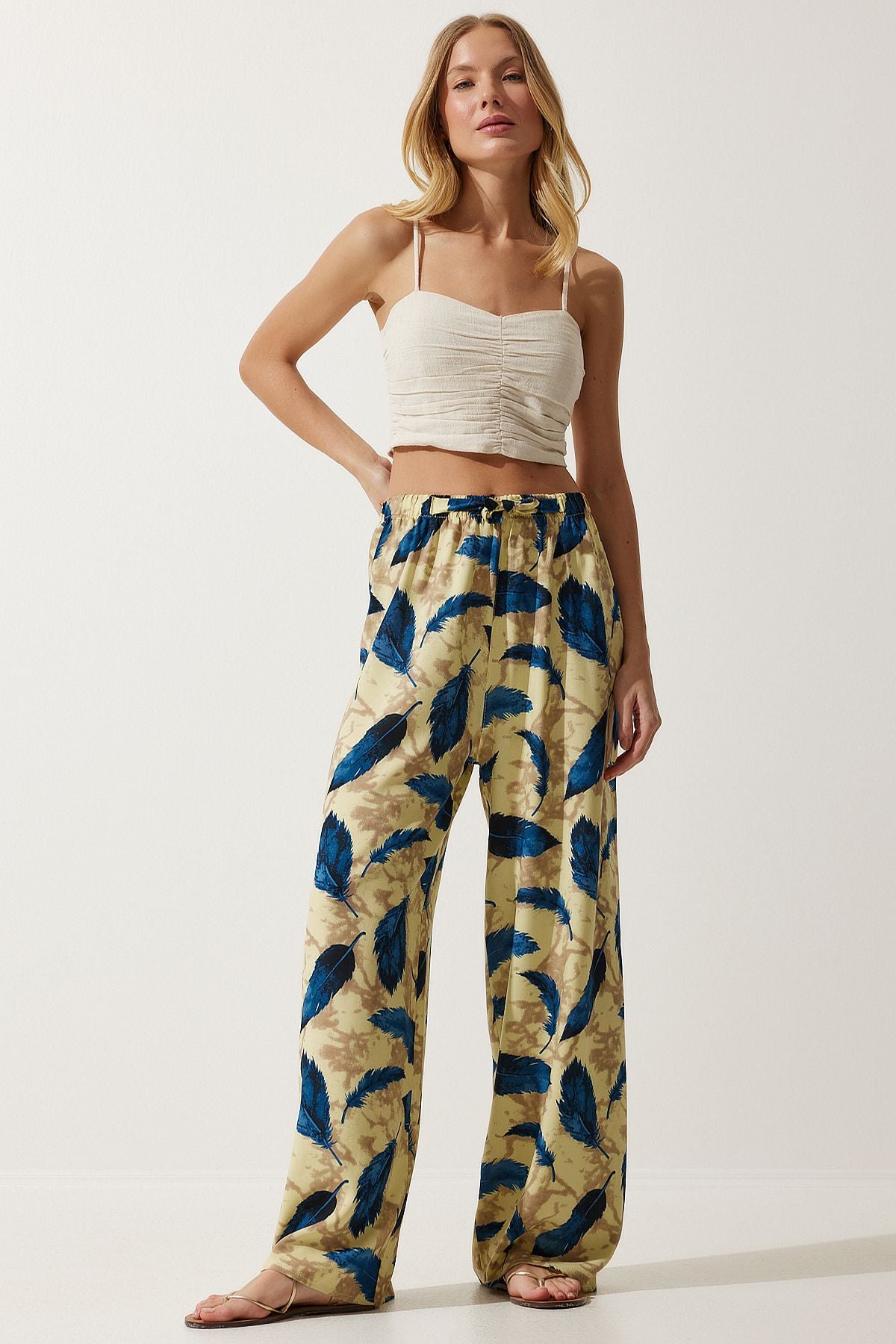 Woman Yellow Navy blue high waist summer plenty of viscose pants BH00354