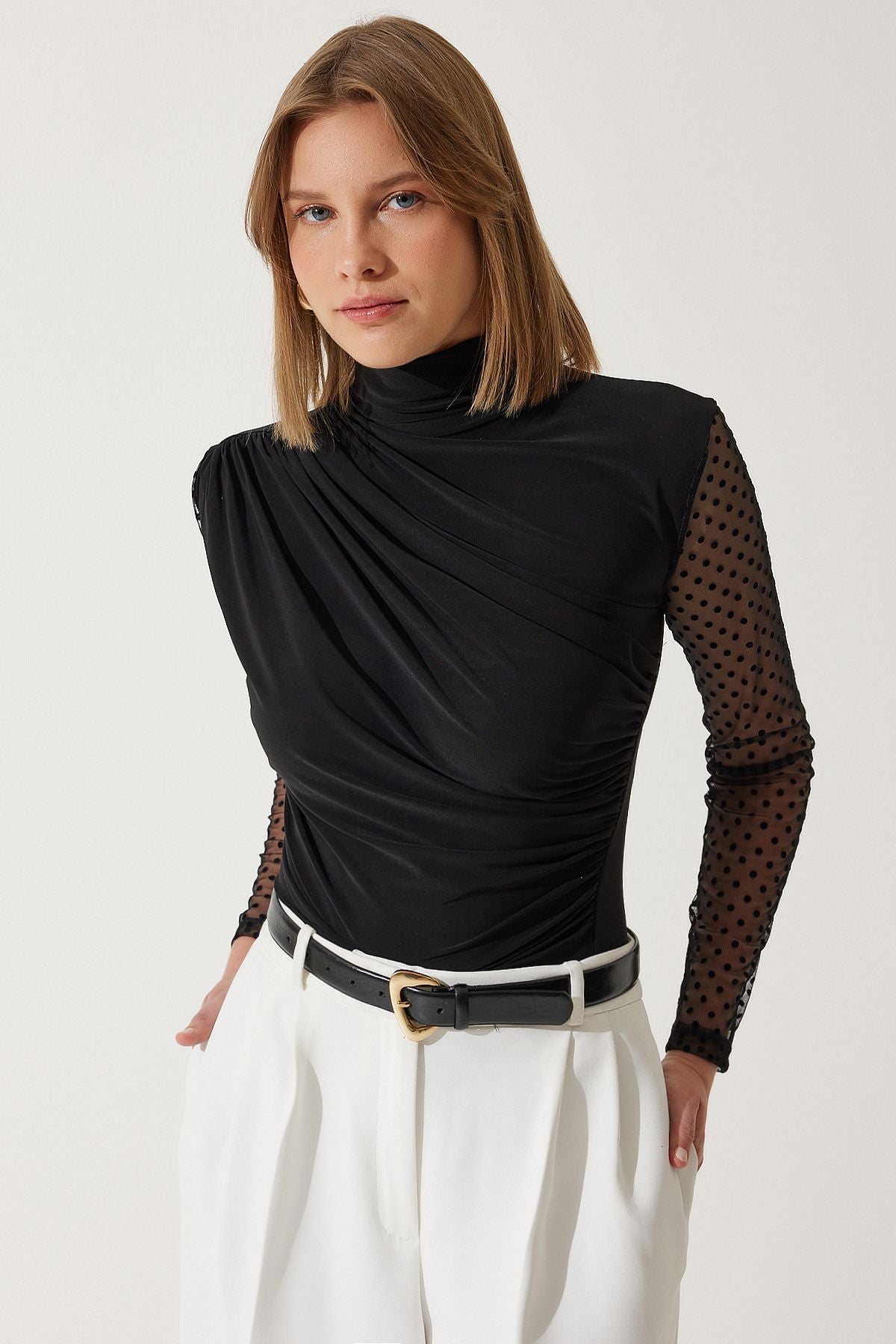 Female black polka dot lace sleeve shirred knitted blouse FF00163