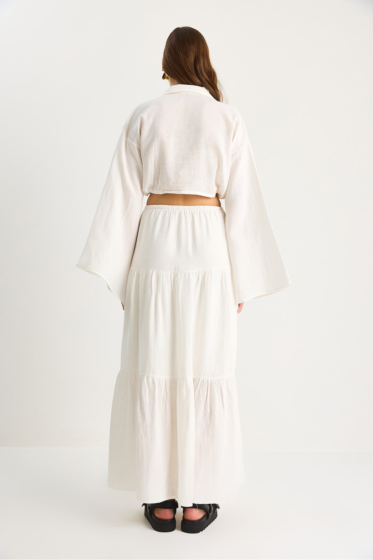 Women's Tie Detailed Slit Wide Sleeve Blouse Lined Long Skirt Suit DT251007 60283497