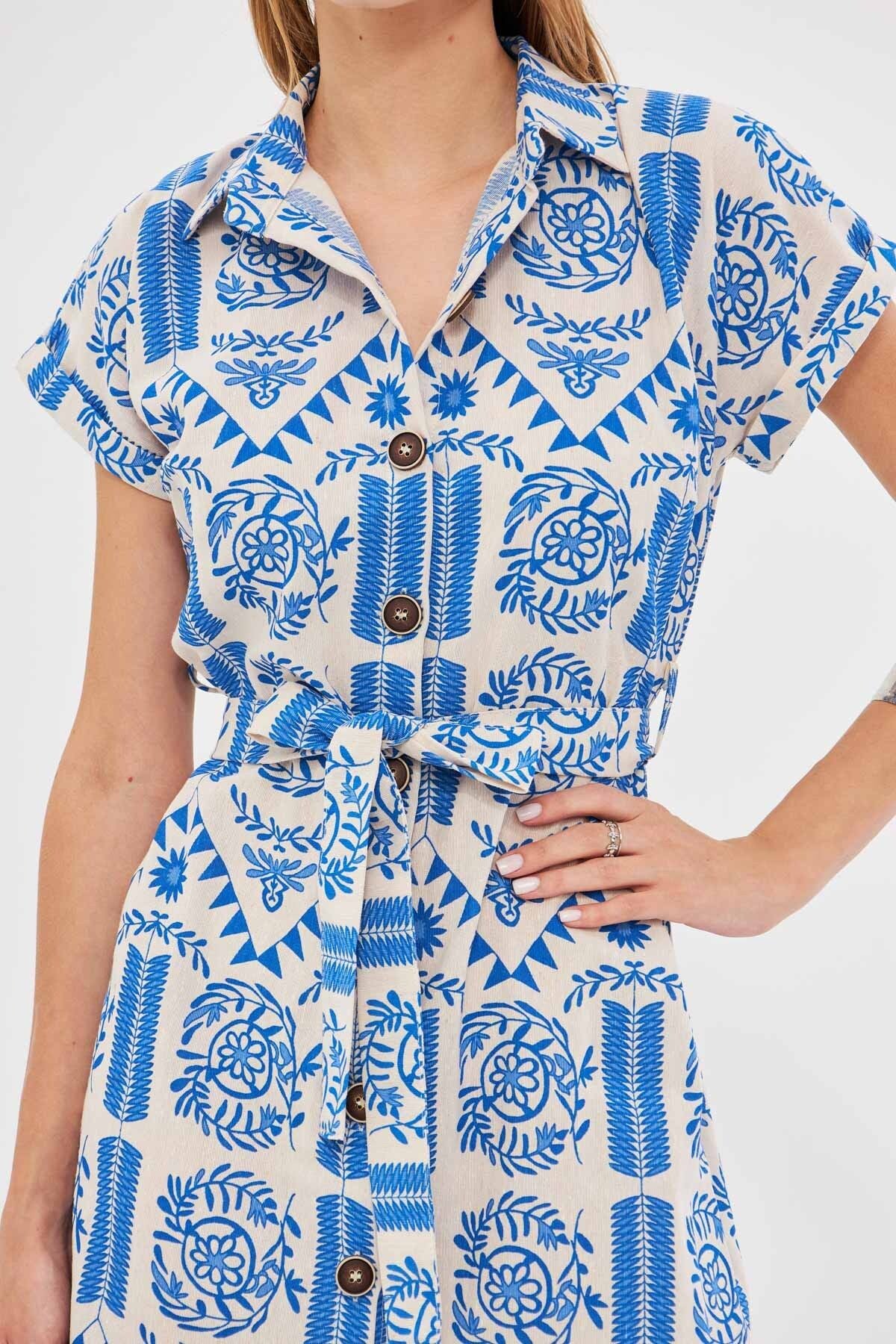 Woman Blue Patterned Linen Looking Waist Belt Short Sleeve Shirt Dress ARM-24Y001108