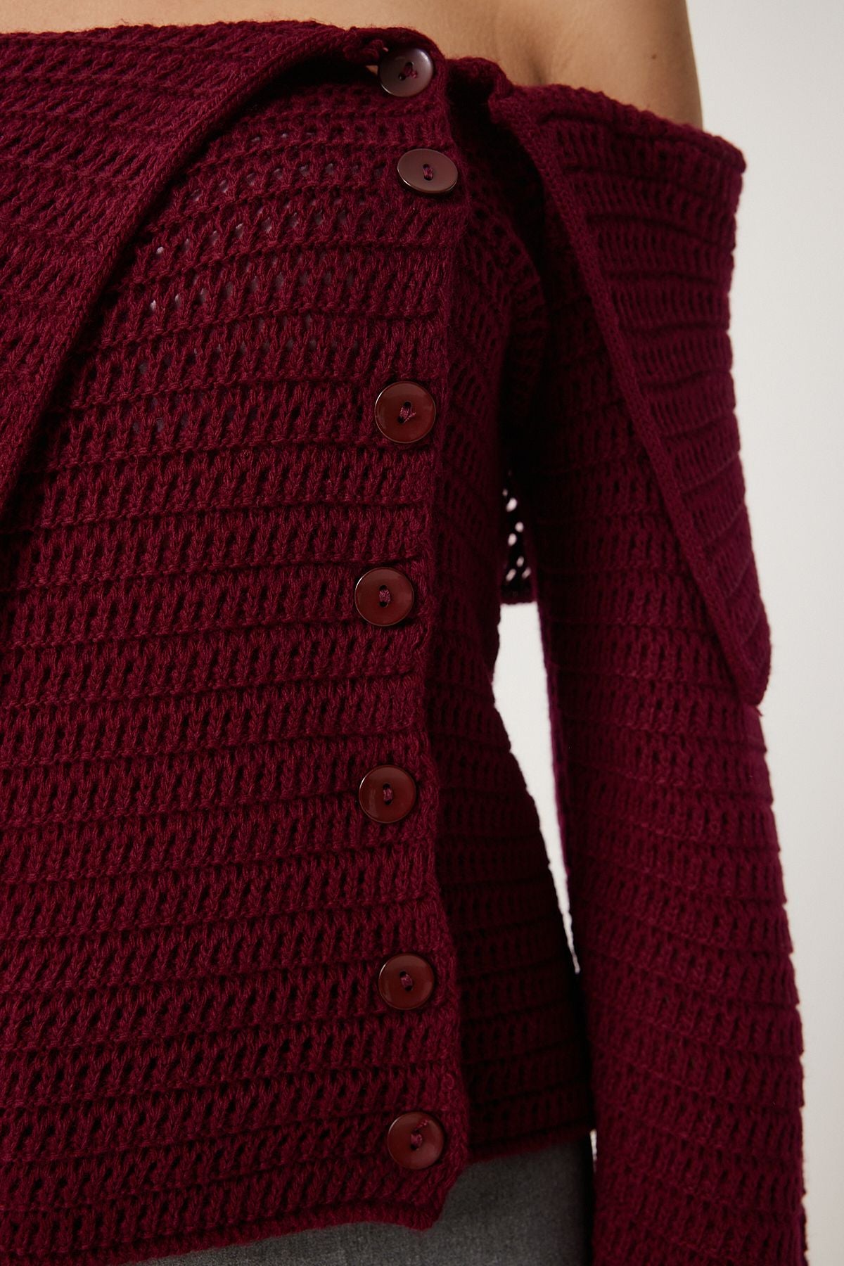 Female burgundy button low carmen collar knitwear blouse FN03377