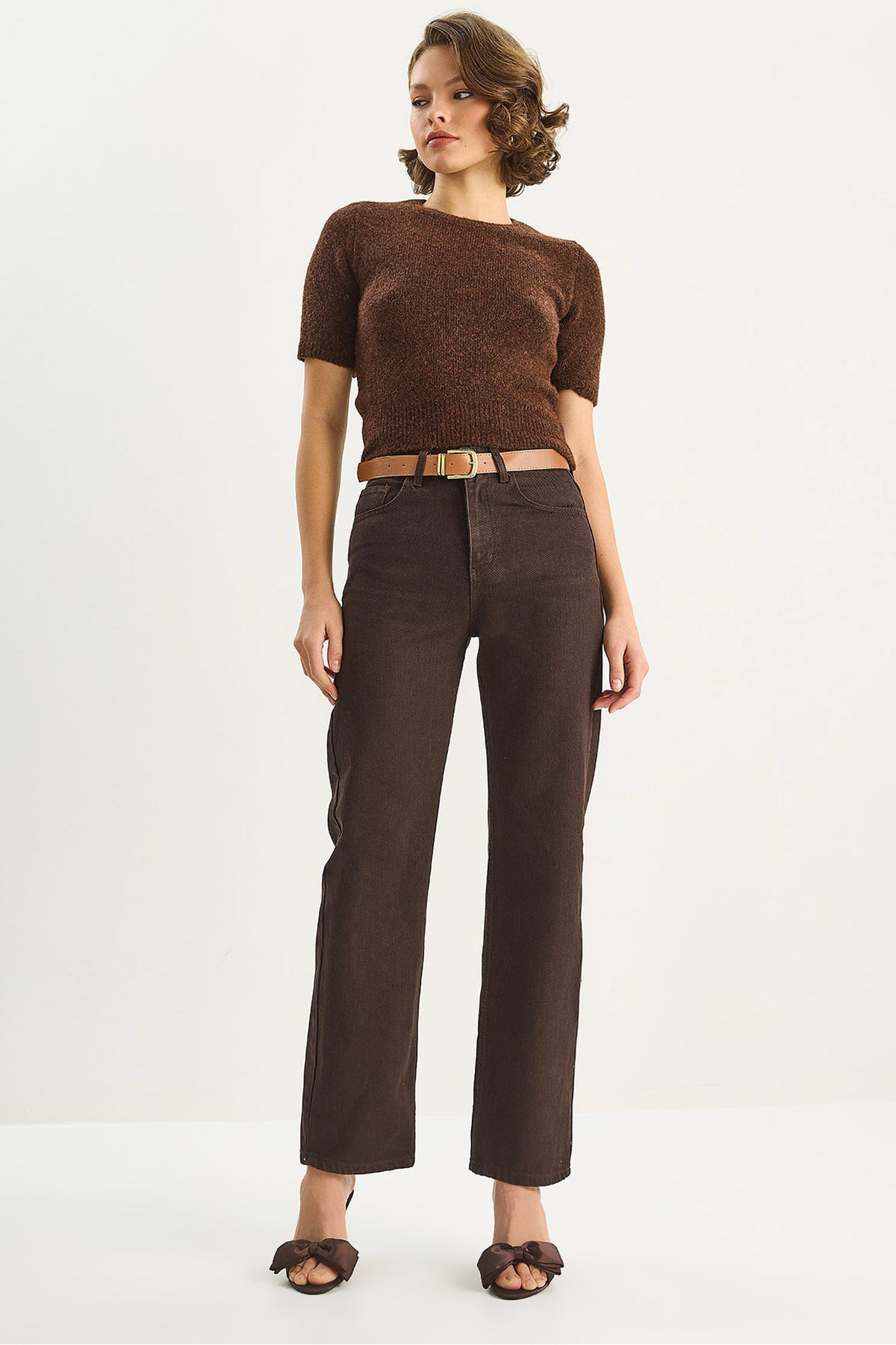 Women's Belted High Waist Straight Fit Denim Trousers 5220 60283744