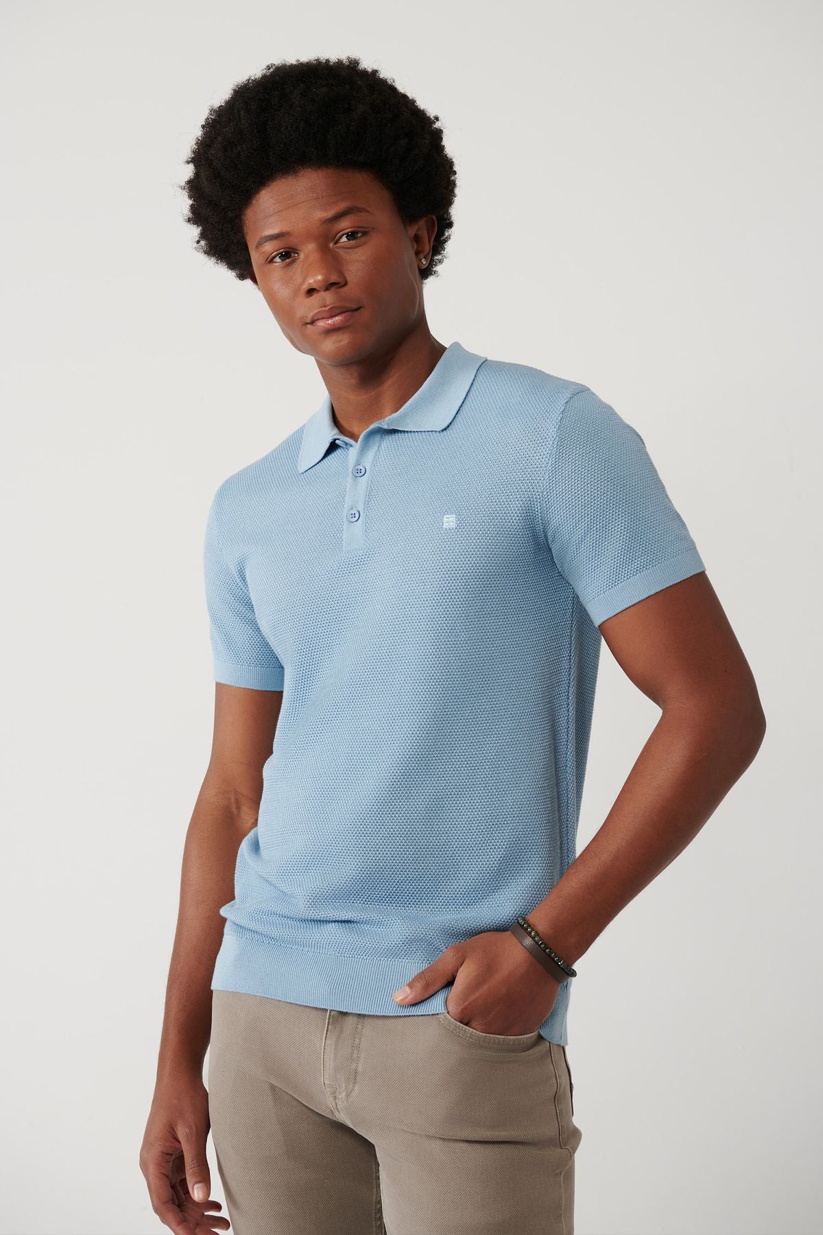 Men's Light Blue 3 Button Tissue Ribanian Polo Yaka Triko T-Shirt B005009