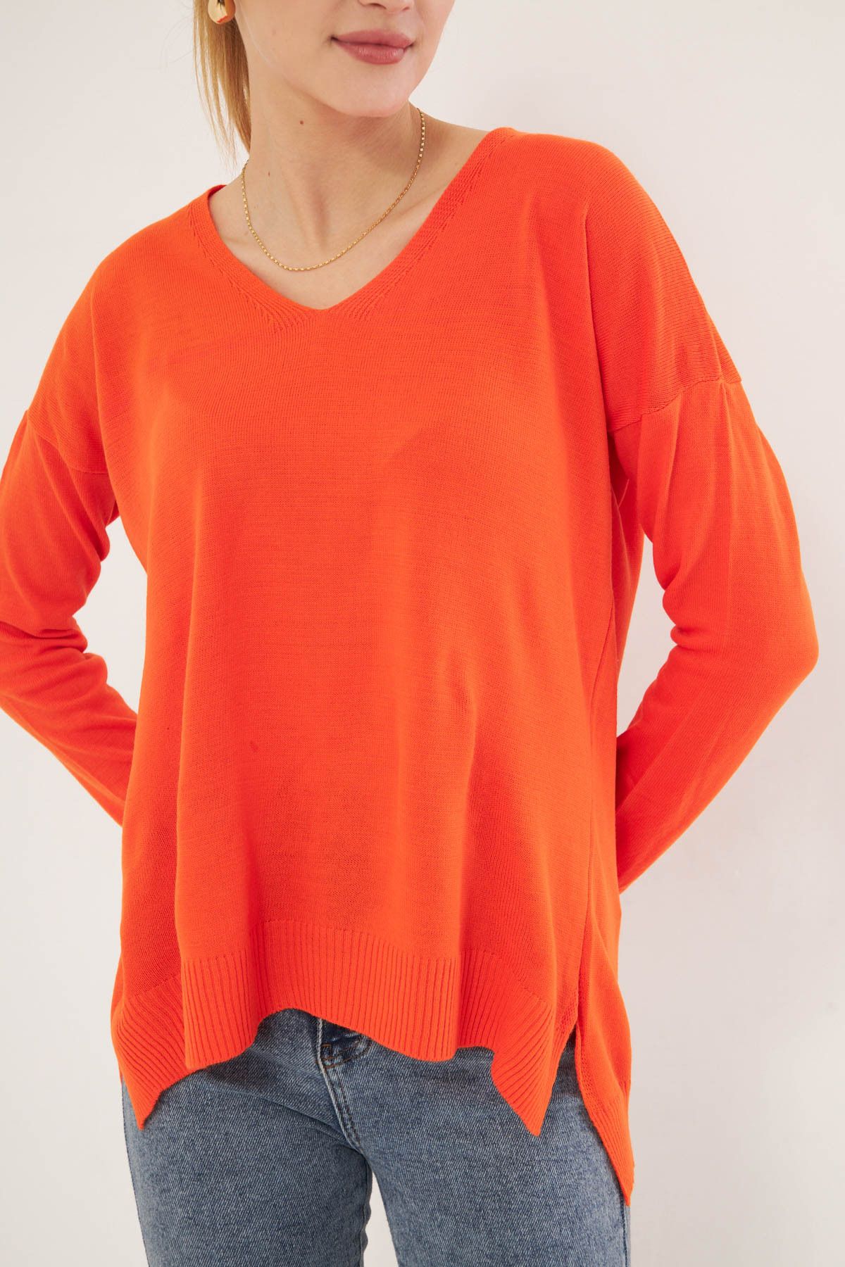 Women's Orange V-Neck front short back long knitwear sweater ARM-22Y012013