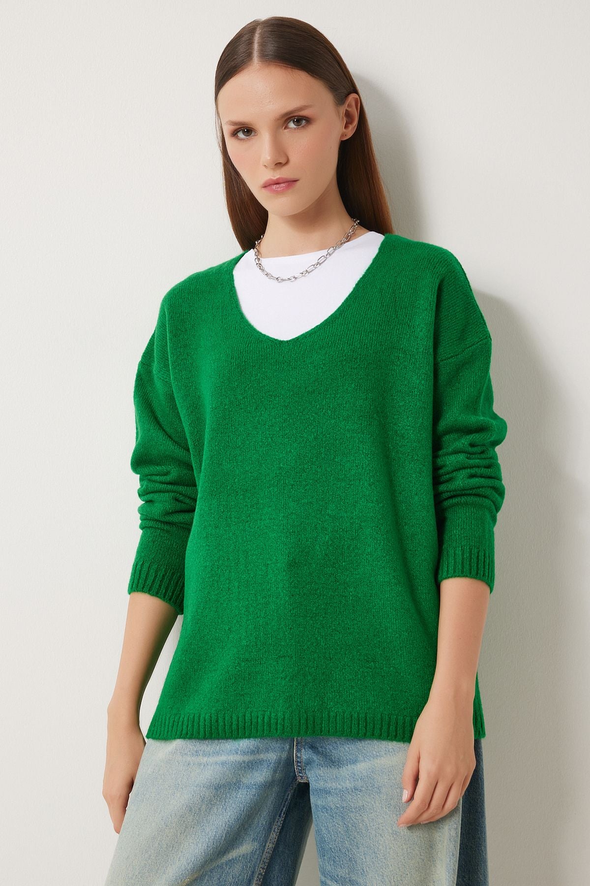 Female Green V -Neck Knitwear Kazakh ZA00063