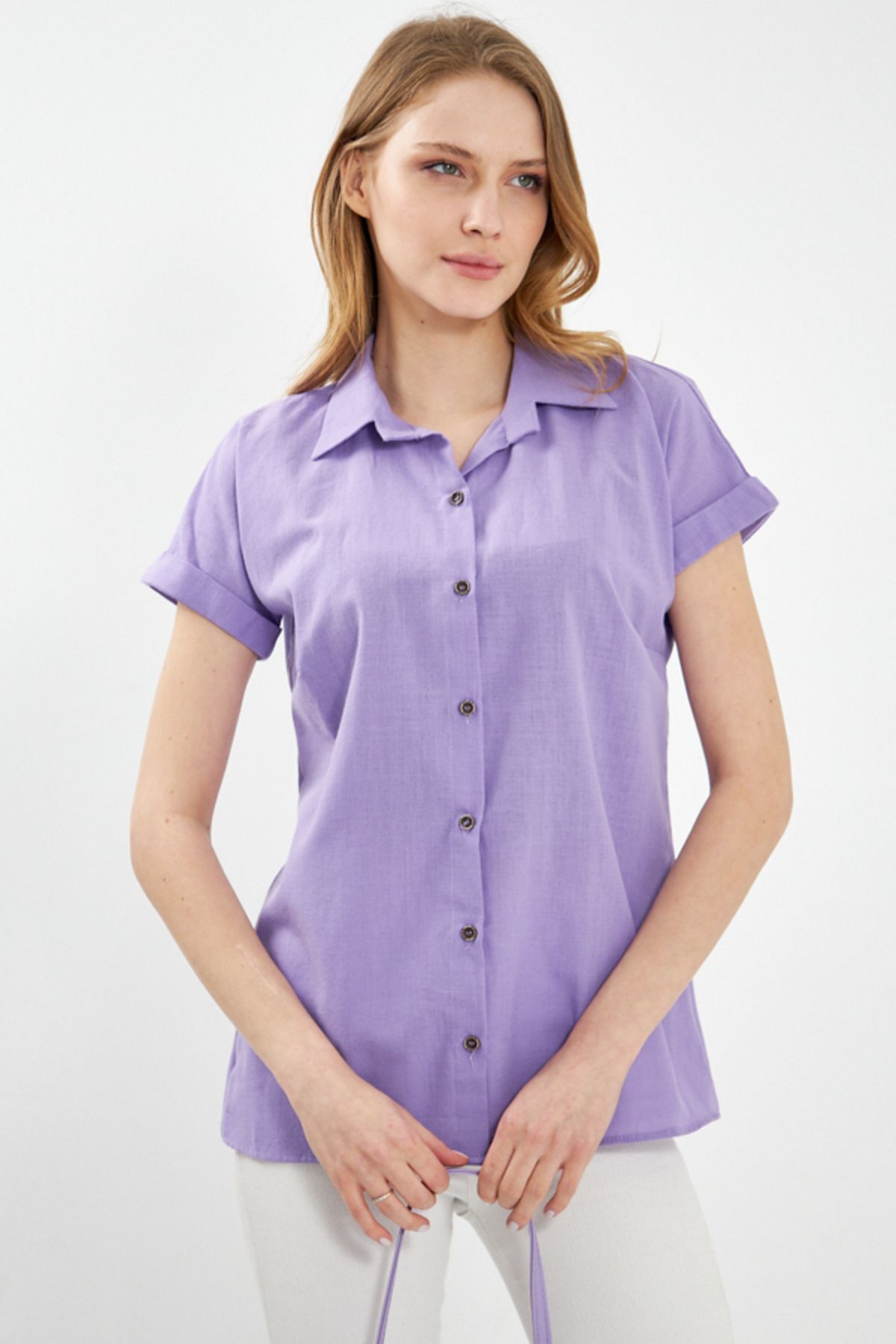 Women's Lilac Short Sleeve Linen Shirt ARM-24Y001038