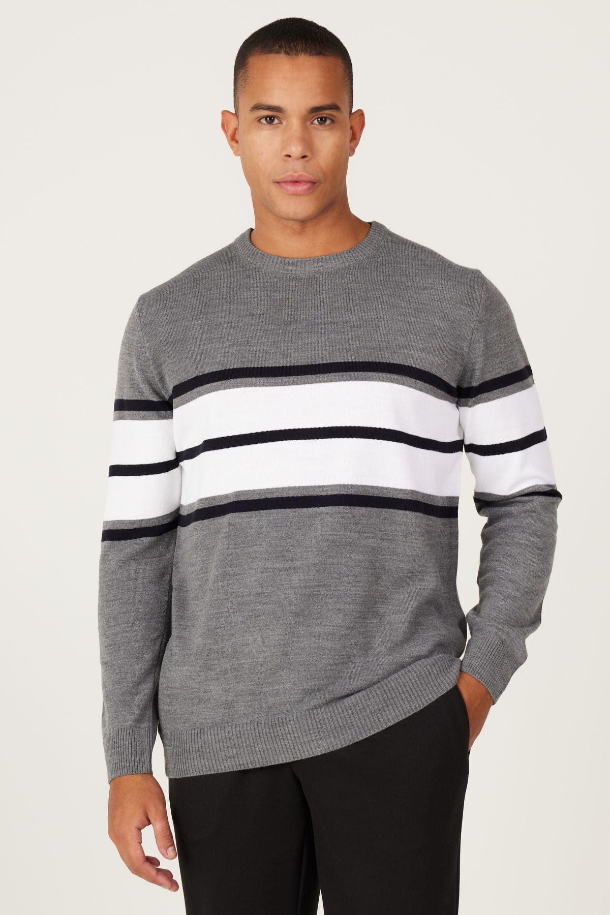 Men's Gray-Ekru Standard Fit Normal Cut Normal Cycling Cycling Yaka striped knitwear sweater