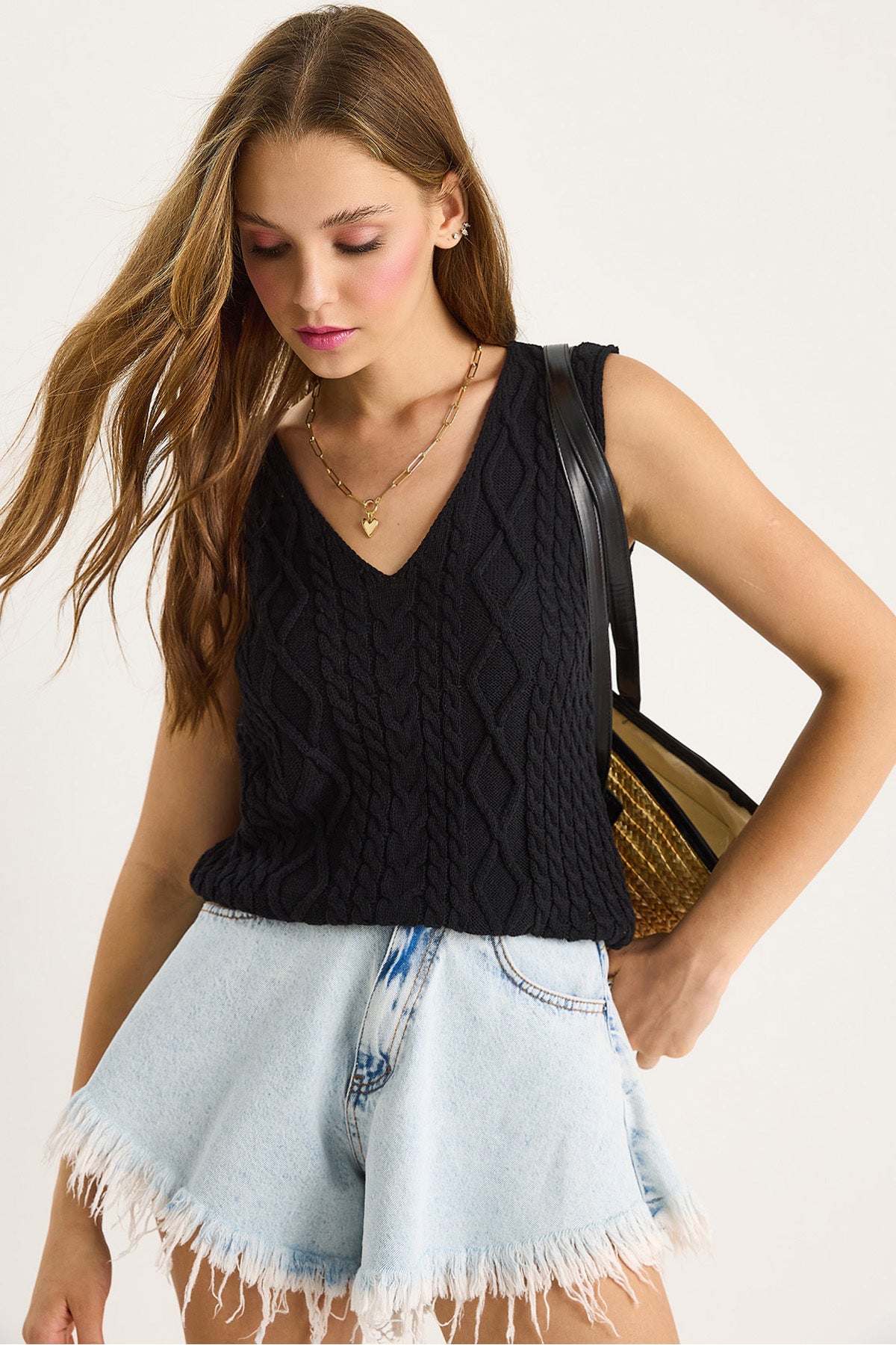 Women's V-Neck Knitted Detail Knitwear Strap Blouse 20258004