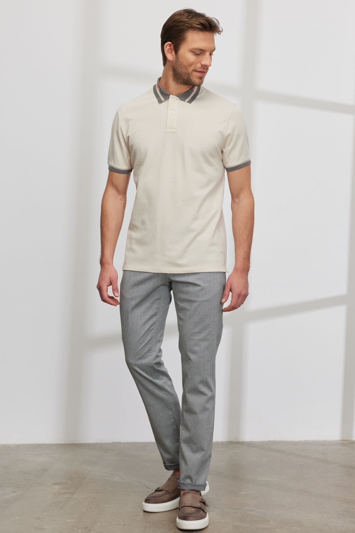 Men's Beige Slim Fit Narrow Cutting 100 %Cotton Curiated Polo Yaka T -shirt