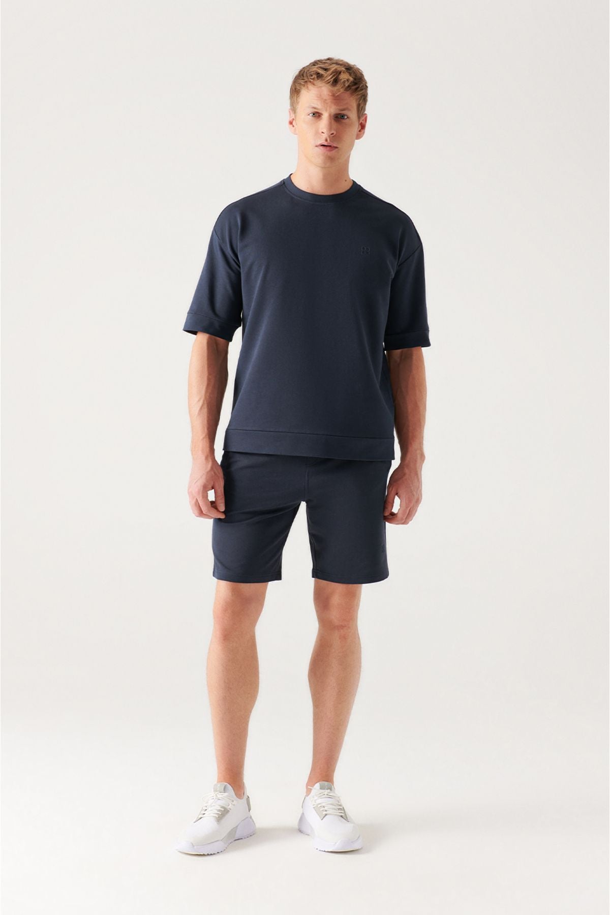 Men's Navy Blue Daily Sports Shorts with Side Pocket Knitted Cotton 2 Thread Relaxed Fit E003602