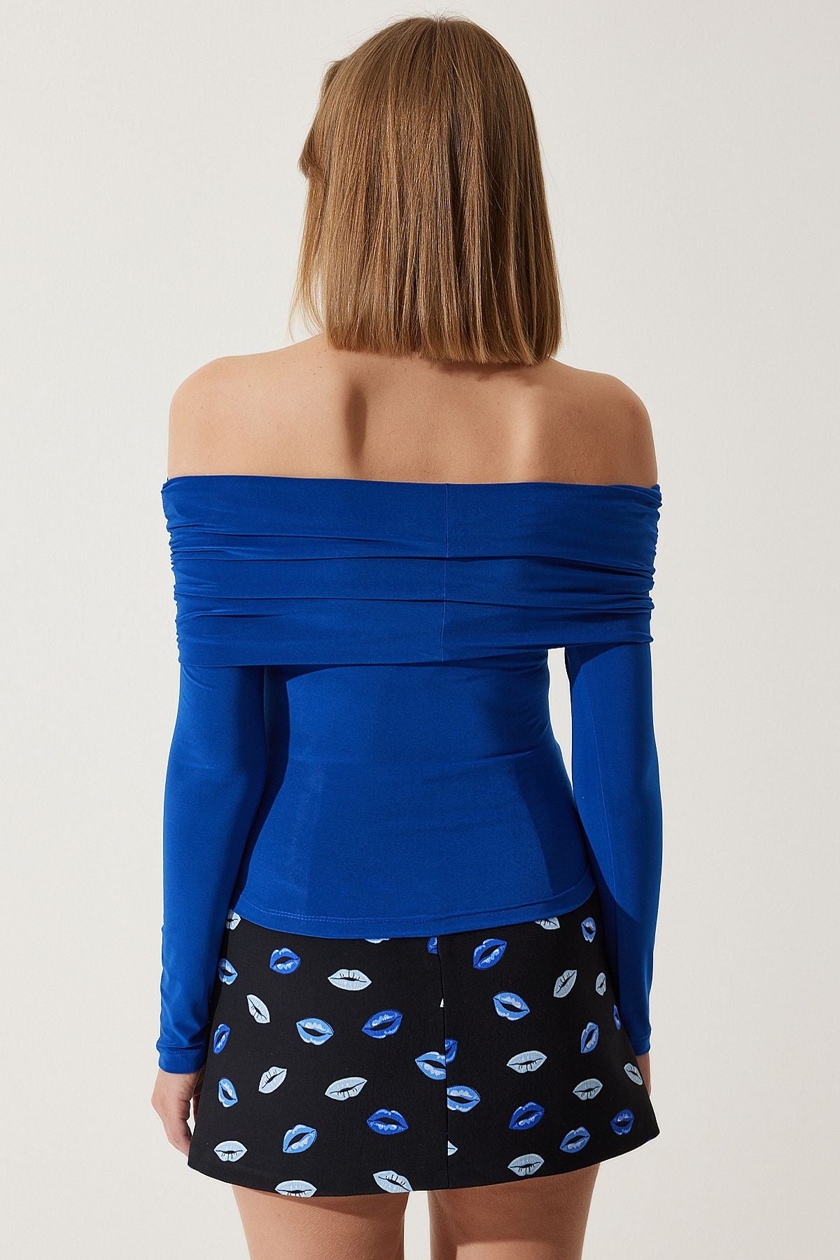 Woman Cobalt Blue Shoulders Open Shirring Detailed Blouse FF00161