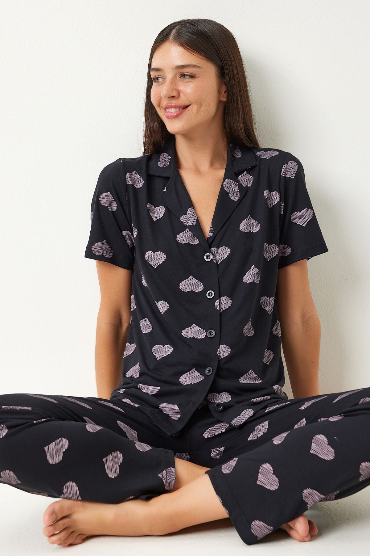Female Black Heart Shirt Pants Pajama Set EC00042