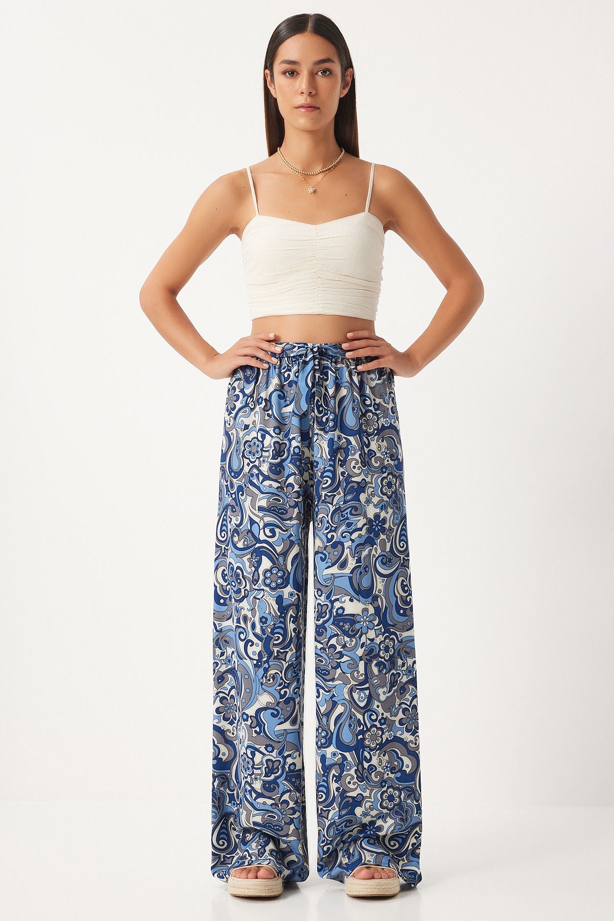 Woman Indigo Blue Patterned Visiscone Palazzo Pants EN00606