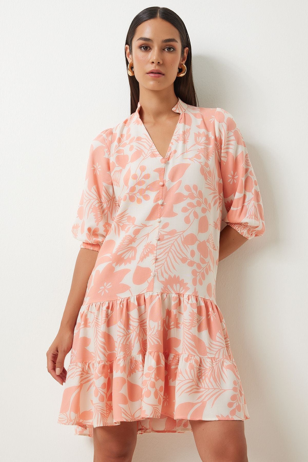 Female peach patterned dominant collar viscose dress FN03229