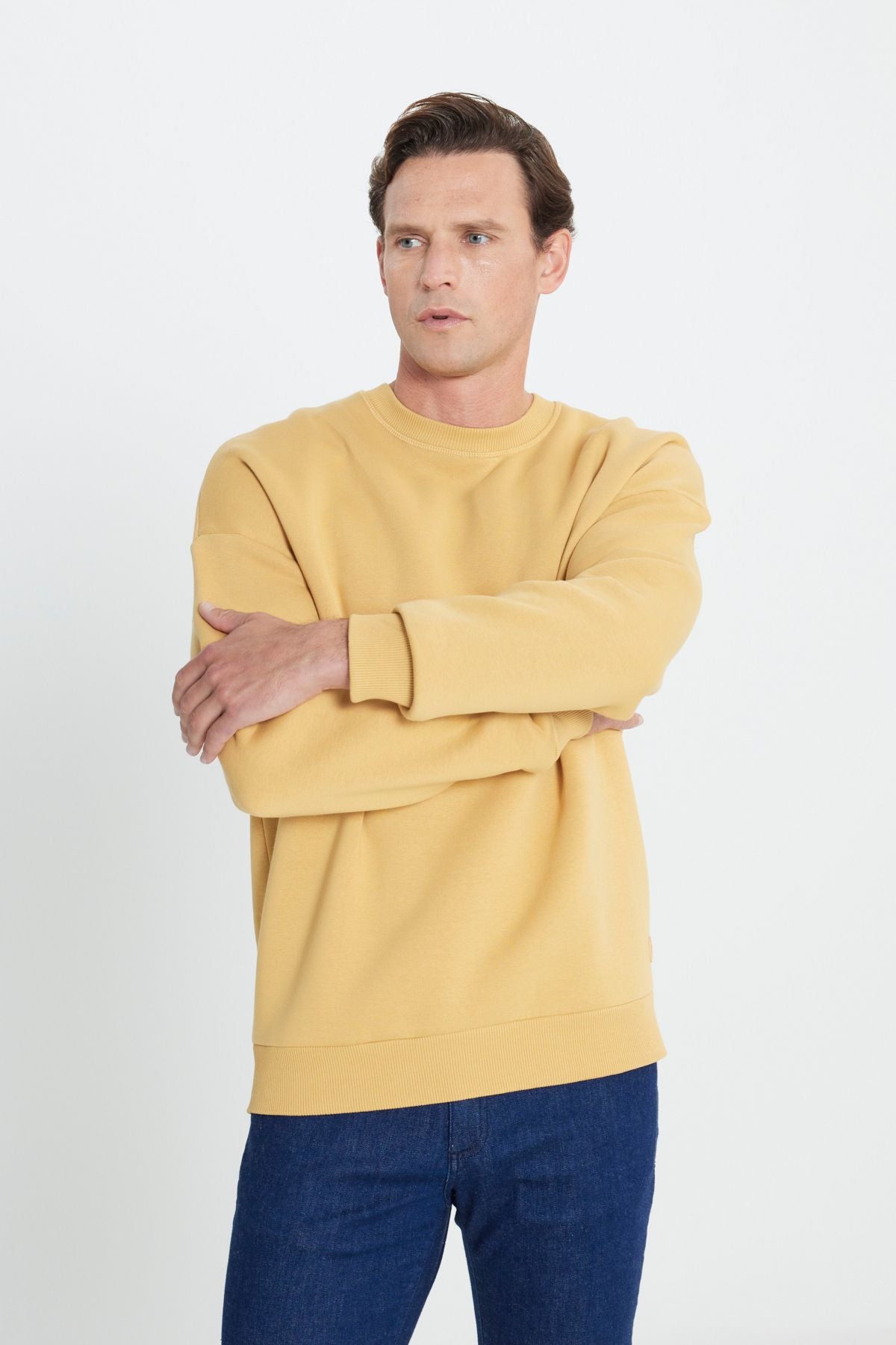 Men's mustard oversize fit abundant cut cotton polar polar 3 -IP bicycle collar sweatshirt