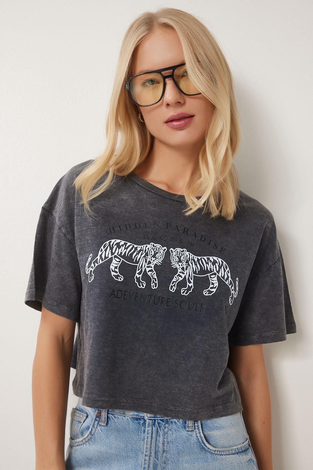 WOMEN'S ARRACRASİT PRINTED WASHING CROP knitting T-shirt an00221
