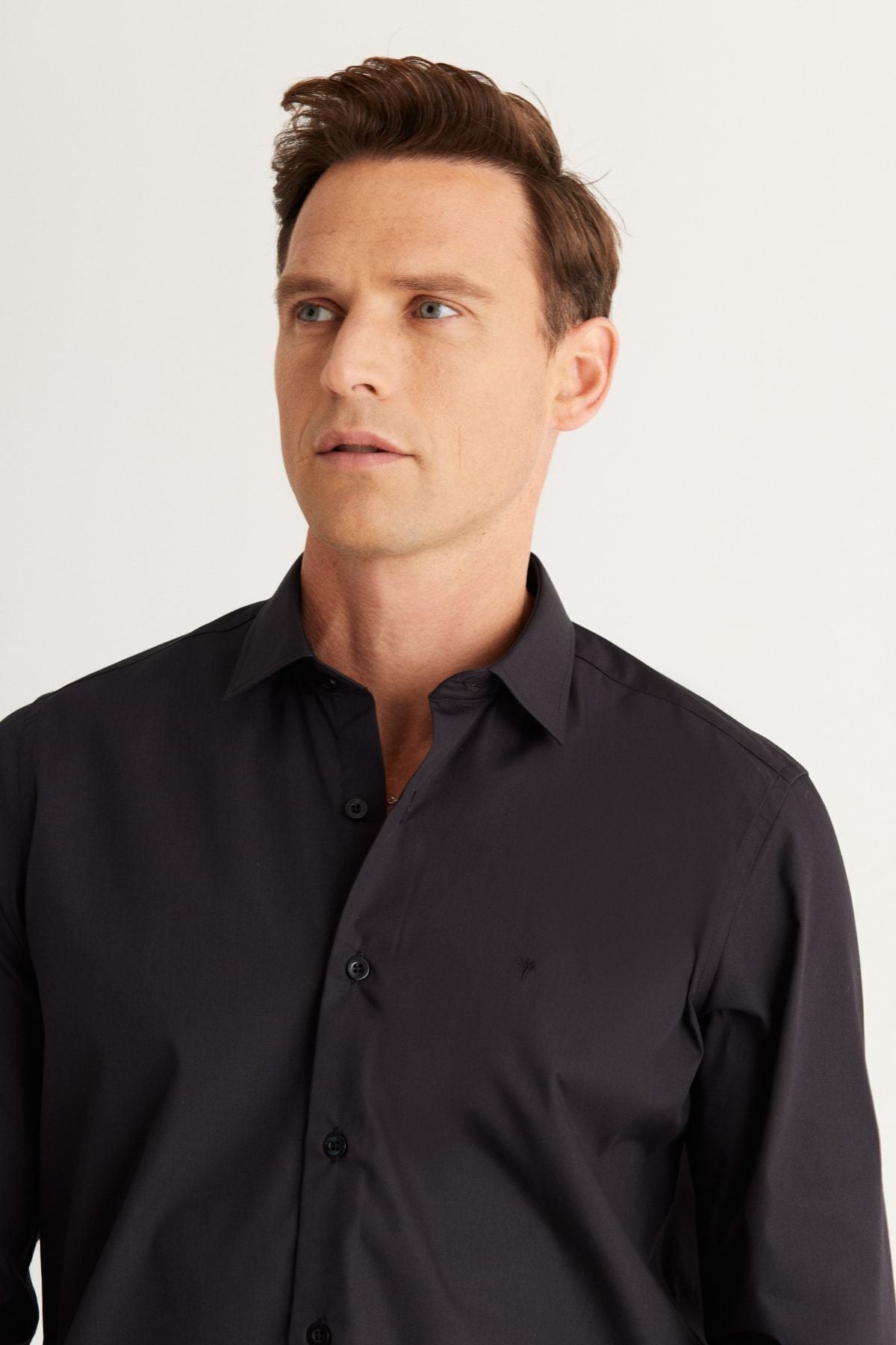 Men's black ironing easy non-Ion slim fit narrow cut classic collar cotton shirt