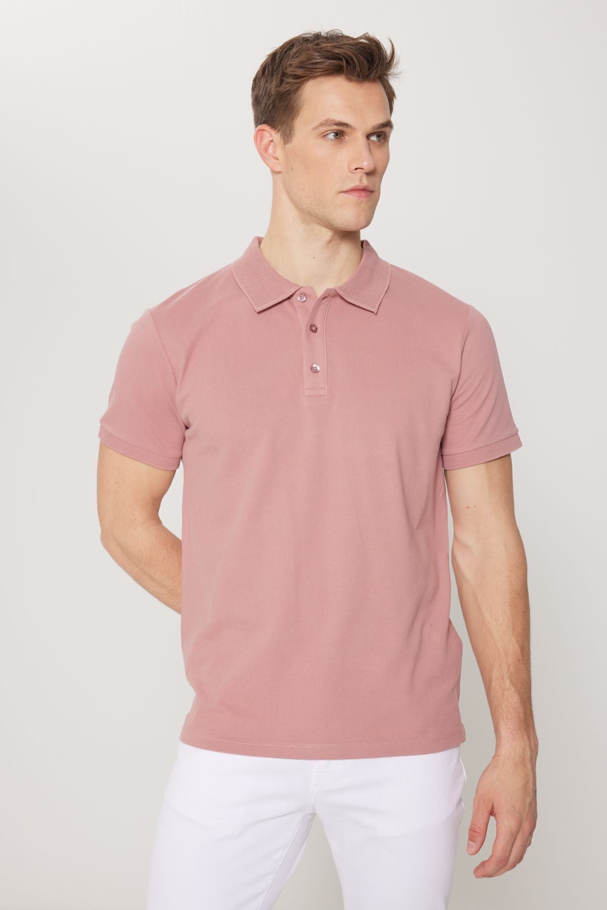 Men's rose dry 100 %cotton curved pike polo collar slim fit narrow cut t -shirt