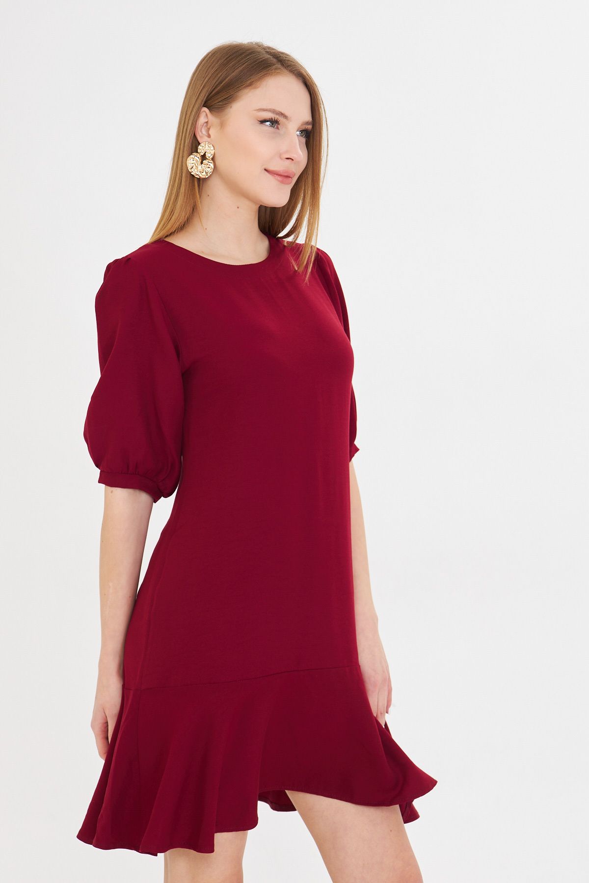 Female Bordeaux Zero Yaka Quarter Sleeve Skirt Volan Dress ARM-25Y001007
