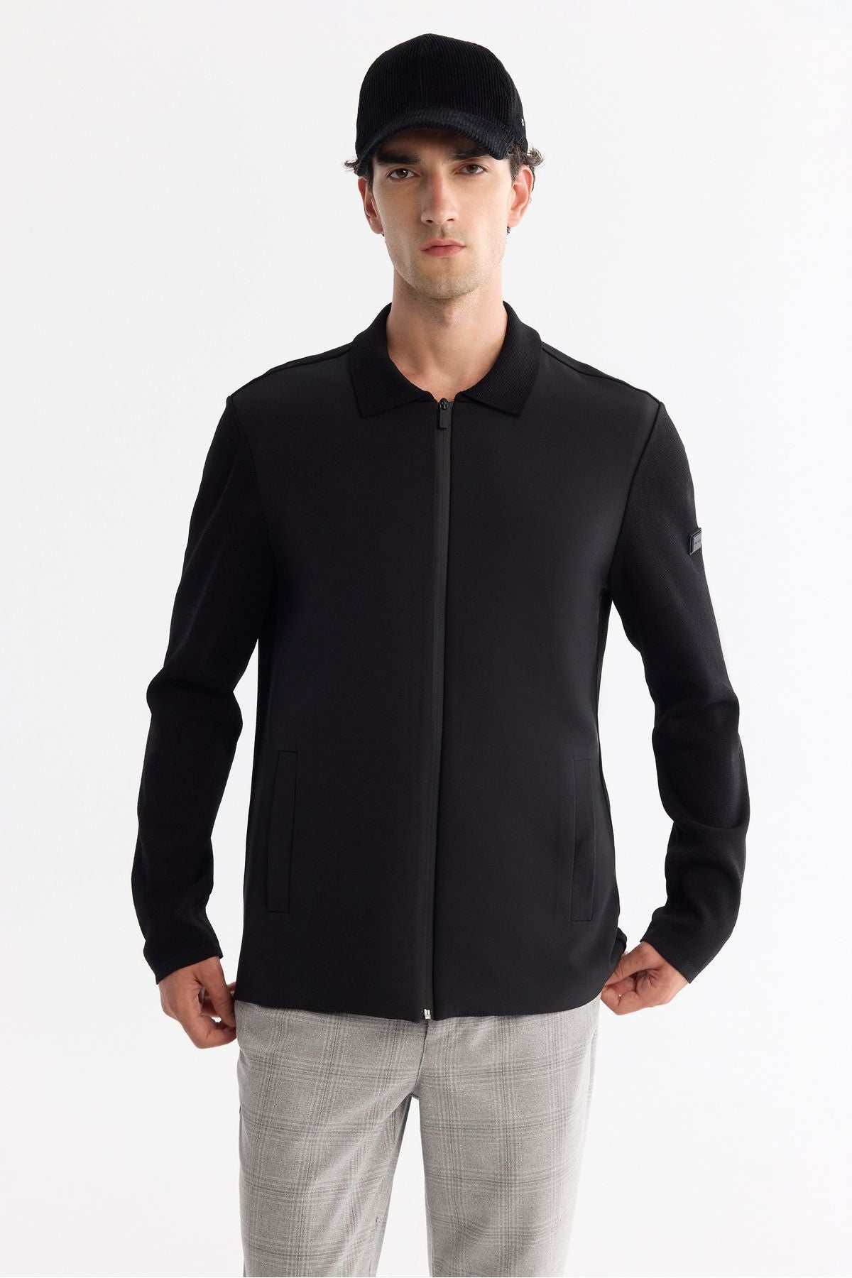 Men's Black Polo Yaka Zippered Pocket Rayon Cardigan A42Y5047