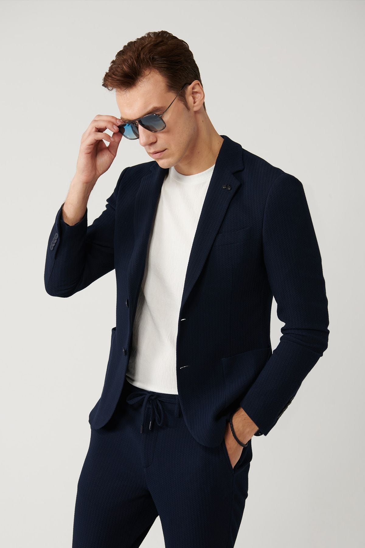 Men's navy blue slitted lined bi stretch fabric jacket A41y4032