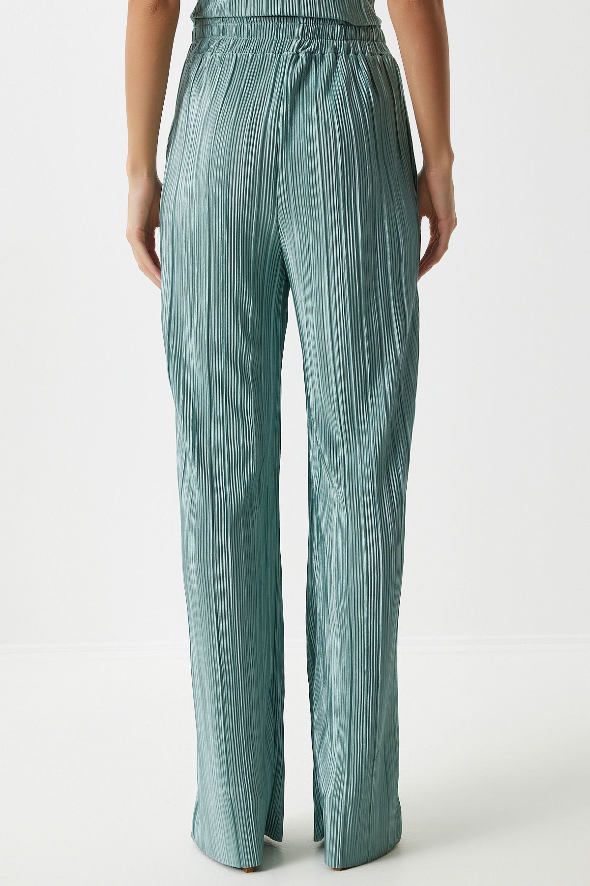 Female Water Green Pilisable Casual Blouse Pants Set Mc00283