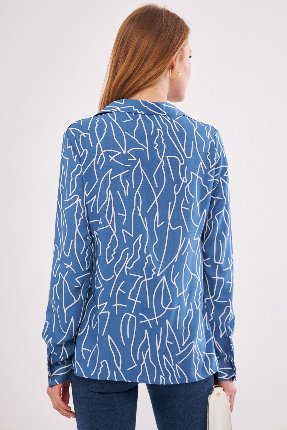 Woman indigo line pattern long arm shirt ARM-20Y001002