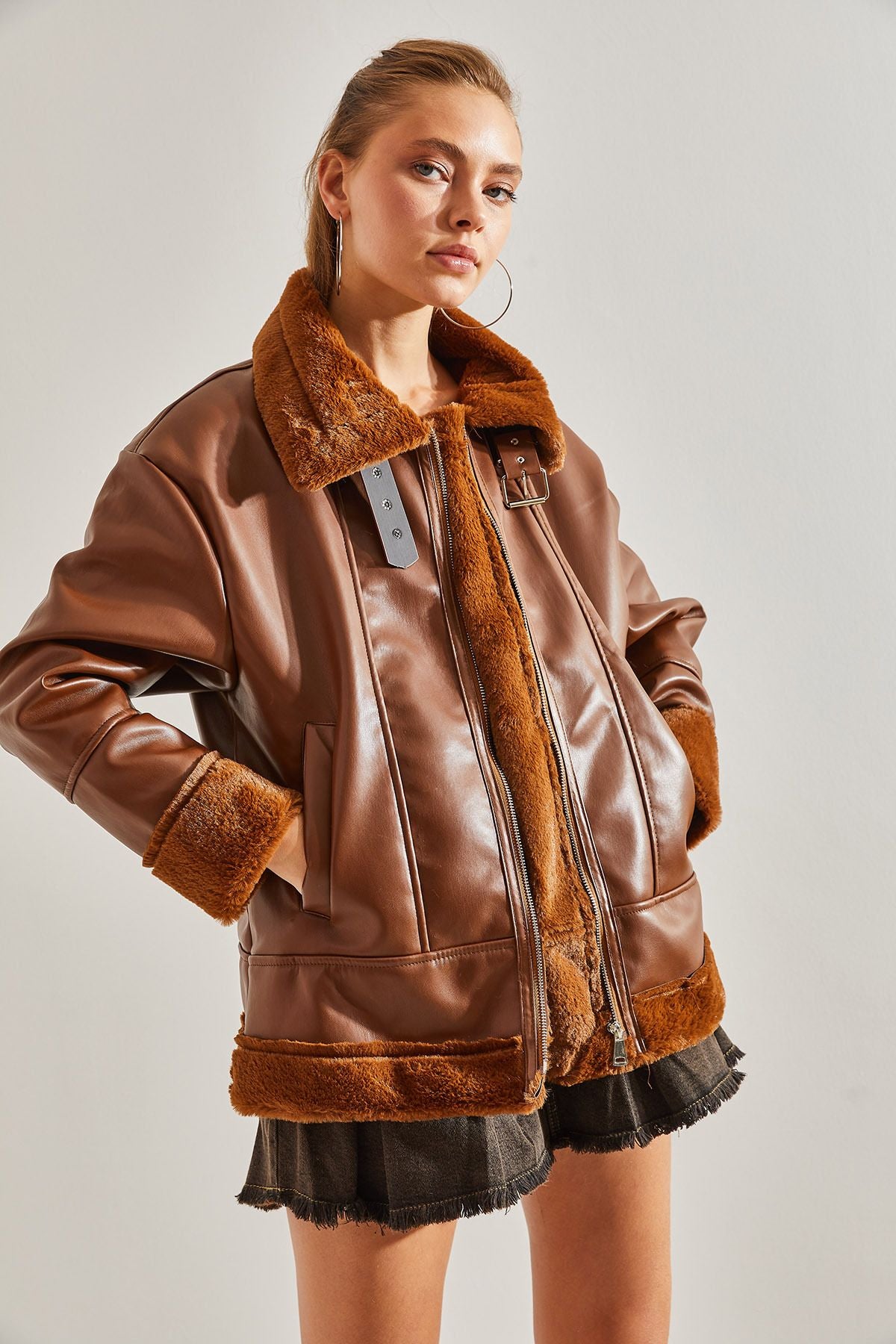 Woman Leather Plush Coat