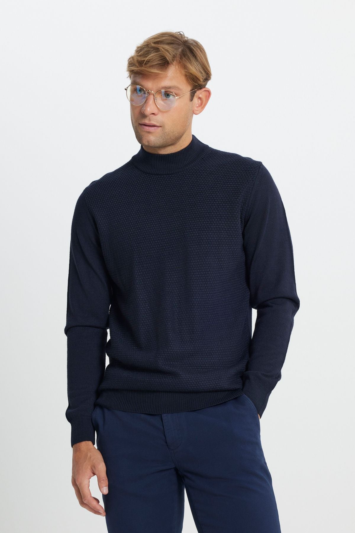 Men's navy blue woolen standard fit half fisherman collar honeycomb textured knitwear sweater