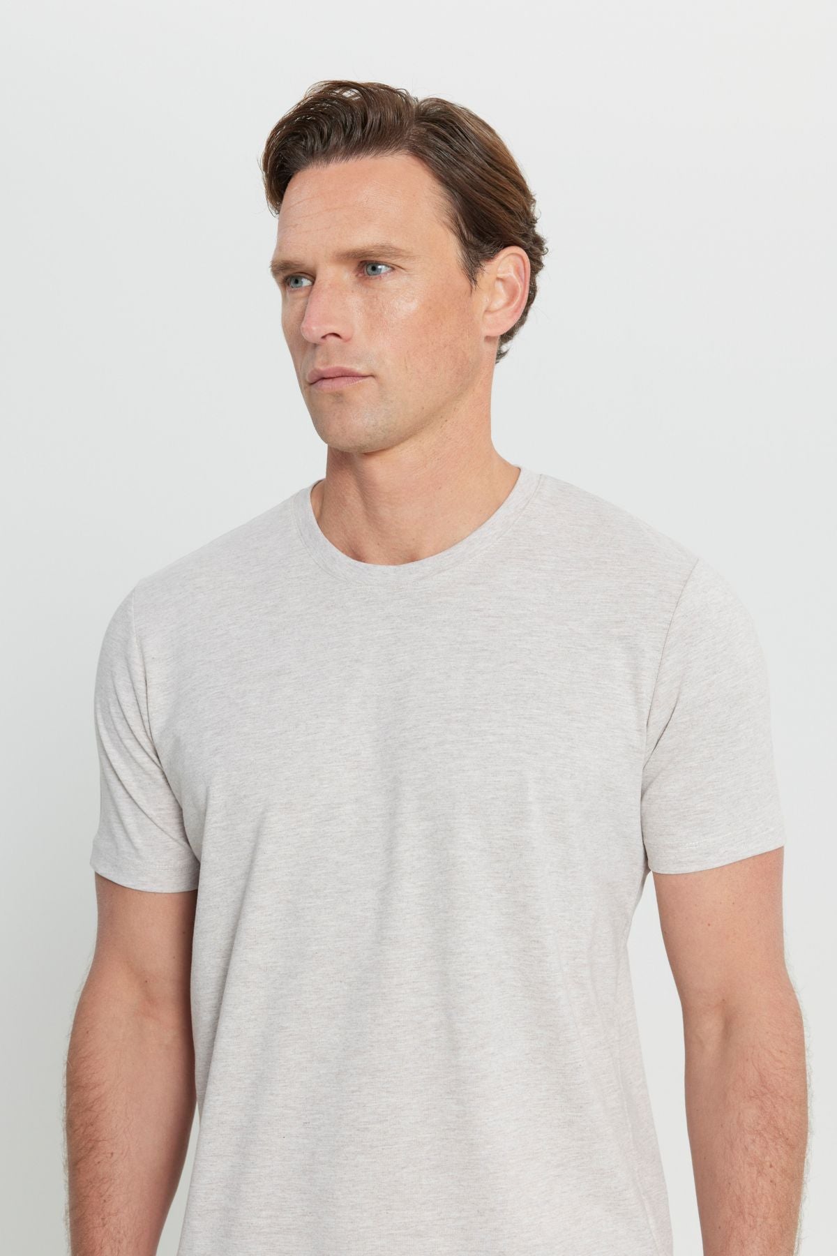 Men's beige melanja cotton slim fit narrow cut bicycle collar Basic T -shirt