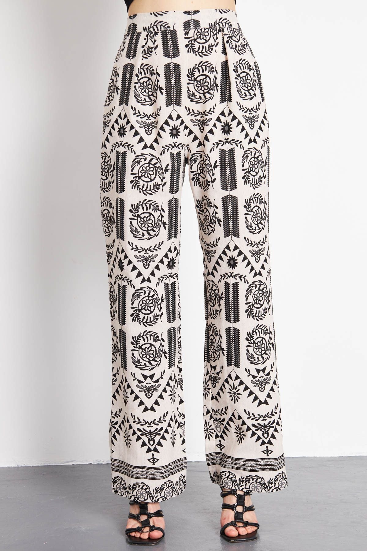 Palazzo Pants with Patterned Patterned Patterned Patterned Black-Gri Linen