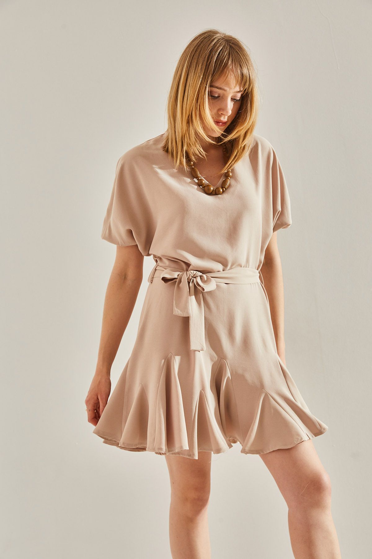 Female Beige Ruffle Detailed V -Neck Bidelite Dress 60251019