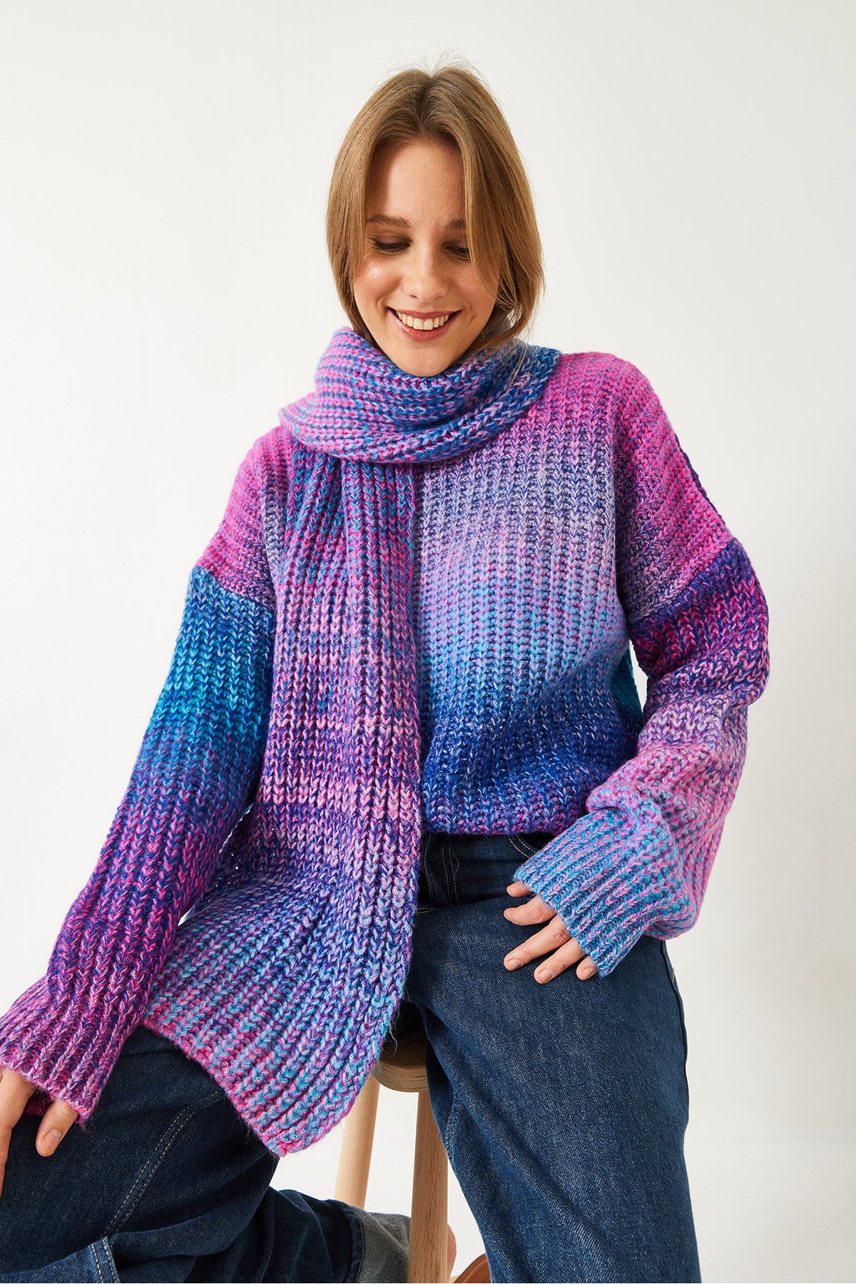 Women's Crew Neck Knitted Scarf Sweater TK241217 60261174