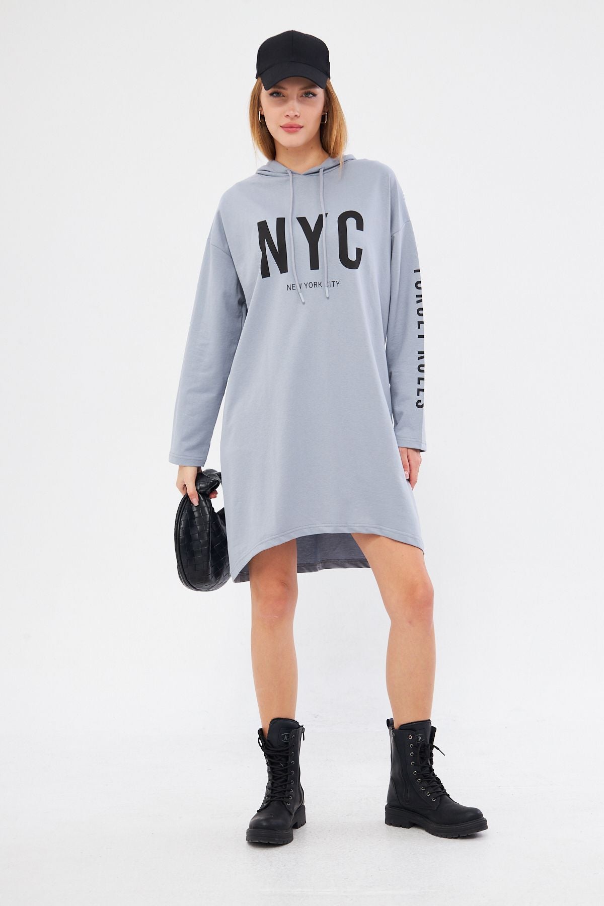 Woman Gray Nyc Written Arms Printed Dress ARM-21K024021