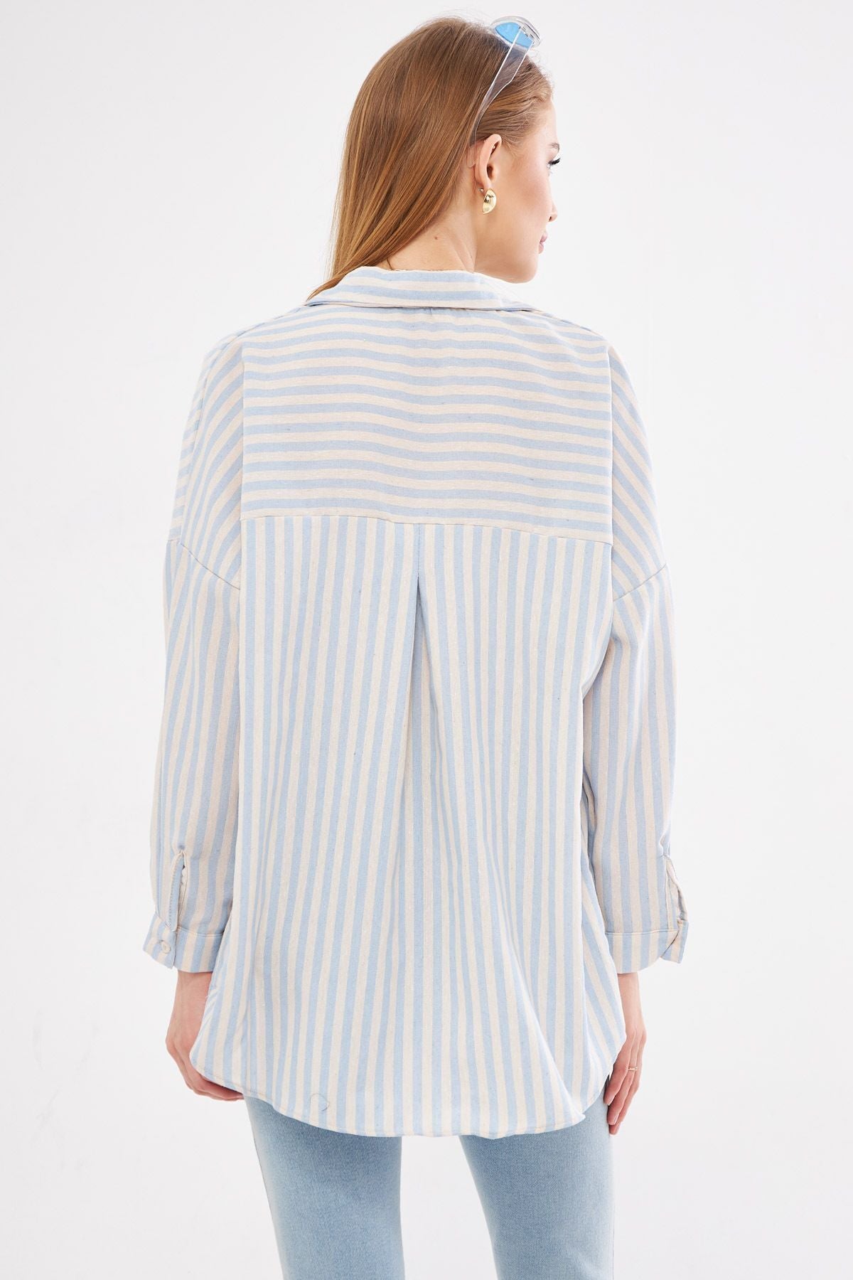 Woman Baby Blue Striped Long Sleeve Pocket Detailed Pleeled Oversize Shirt ARM-24Y001057