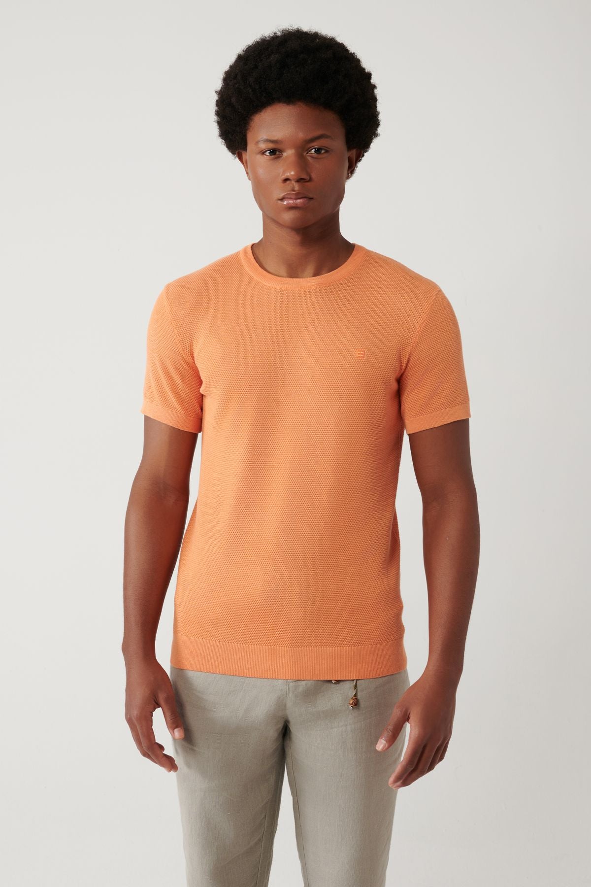 Men's Orange Modal Bicycle Collar Capulus Ribanian knitwear T-shirt B005010