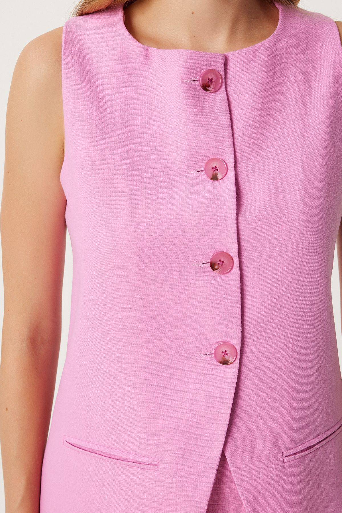 Women's Pink Fleto Pocket Detail Long Woven Vest FN03239