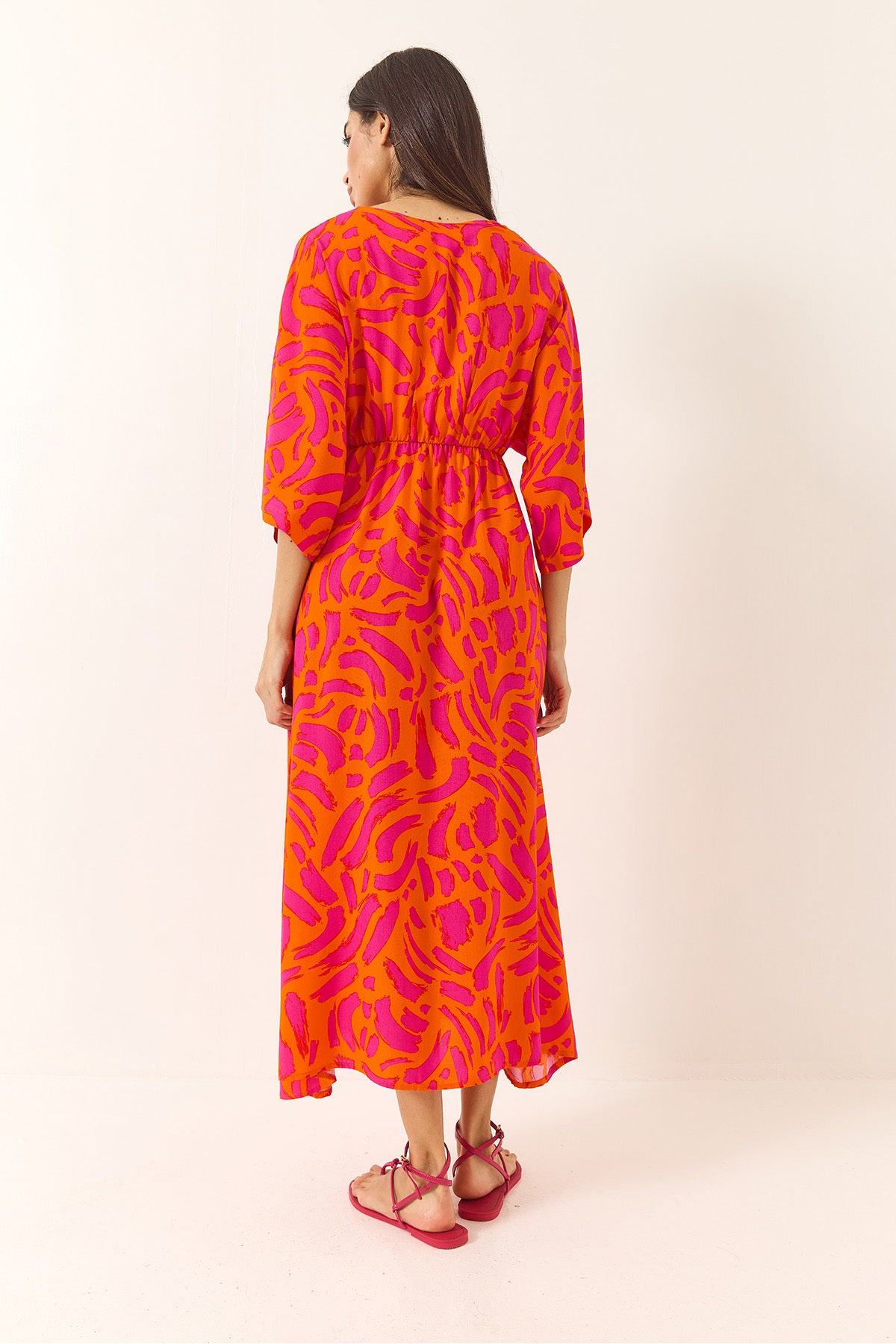 Women's Wrap Collar Waist Elastic Patterned Summer Viscose Dress 60283225