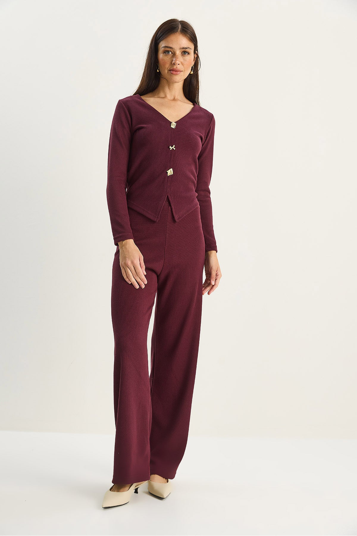 Women's V-Neck Button Accessory Selanik Bottom-Top Set 4107 60283782